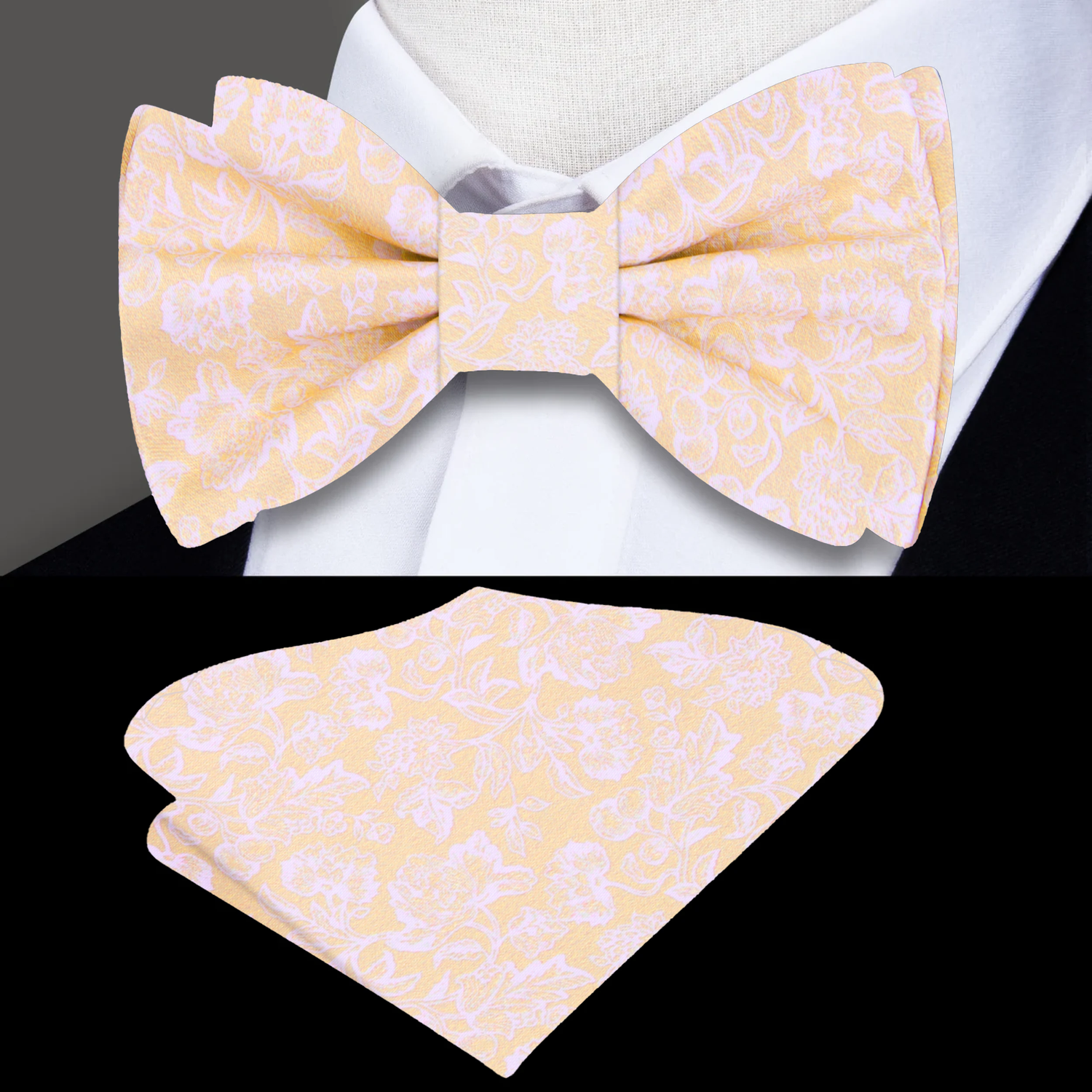 Light Brown Filigree Floral Bow Tie and Pocket Square||Light Brown