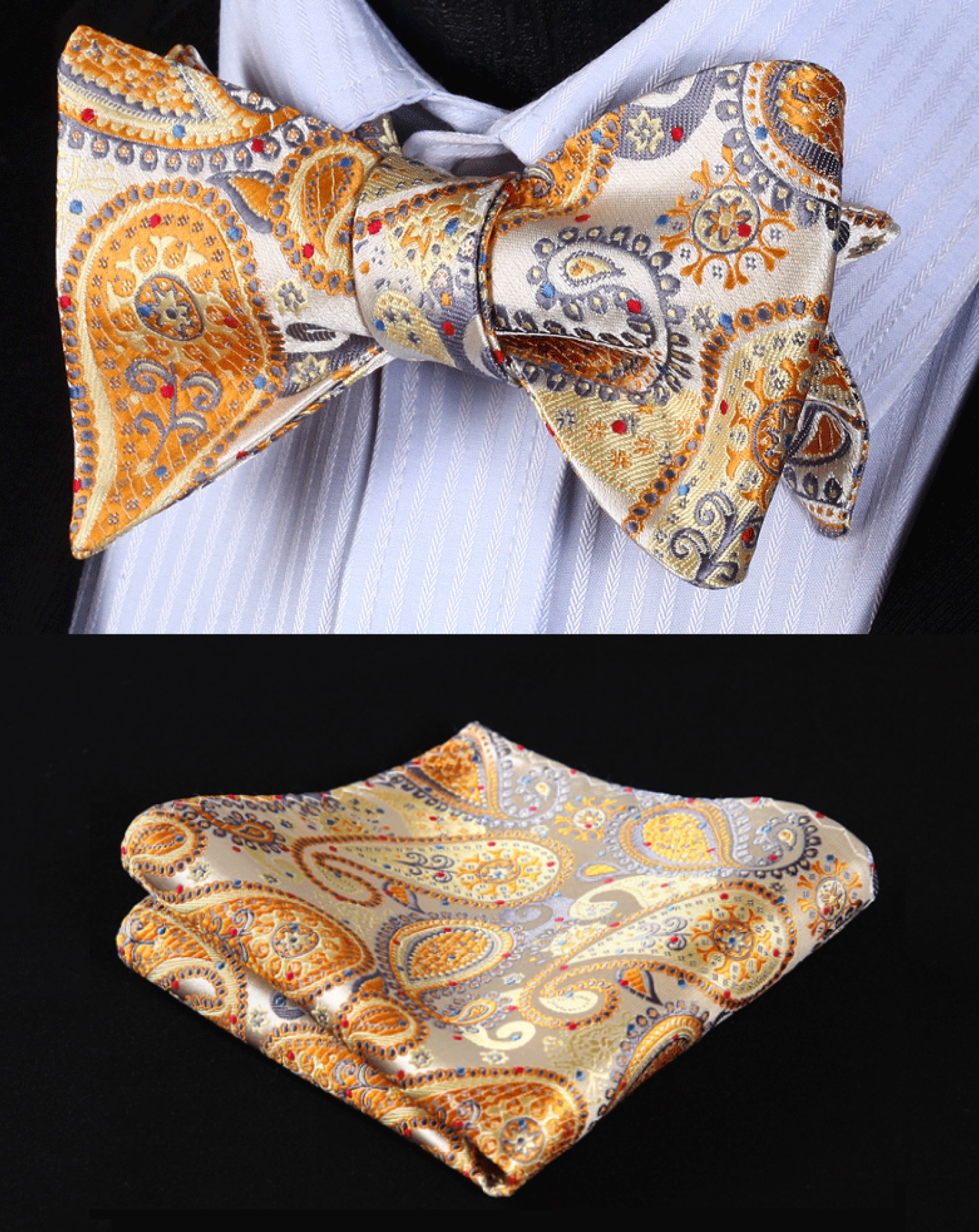 Light Brown, Orange, Grey Paisley Bow Tie and Square