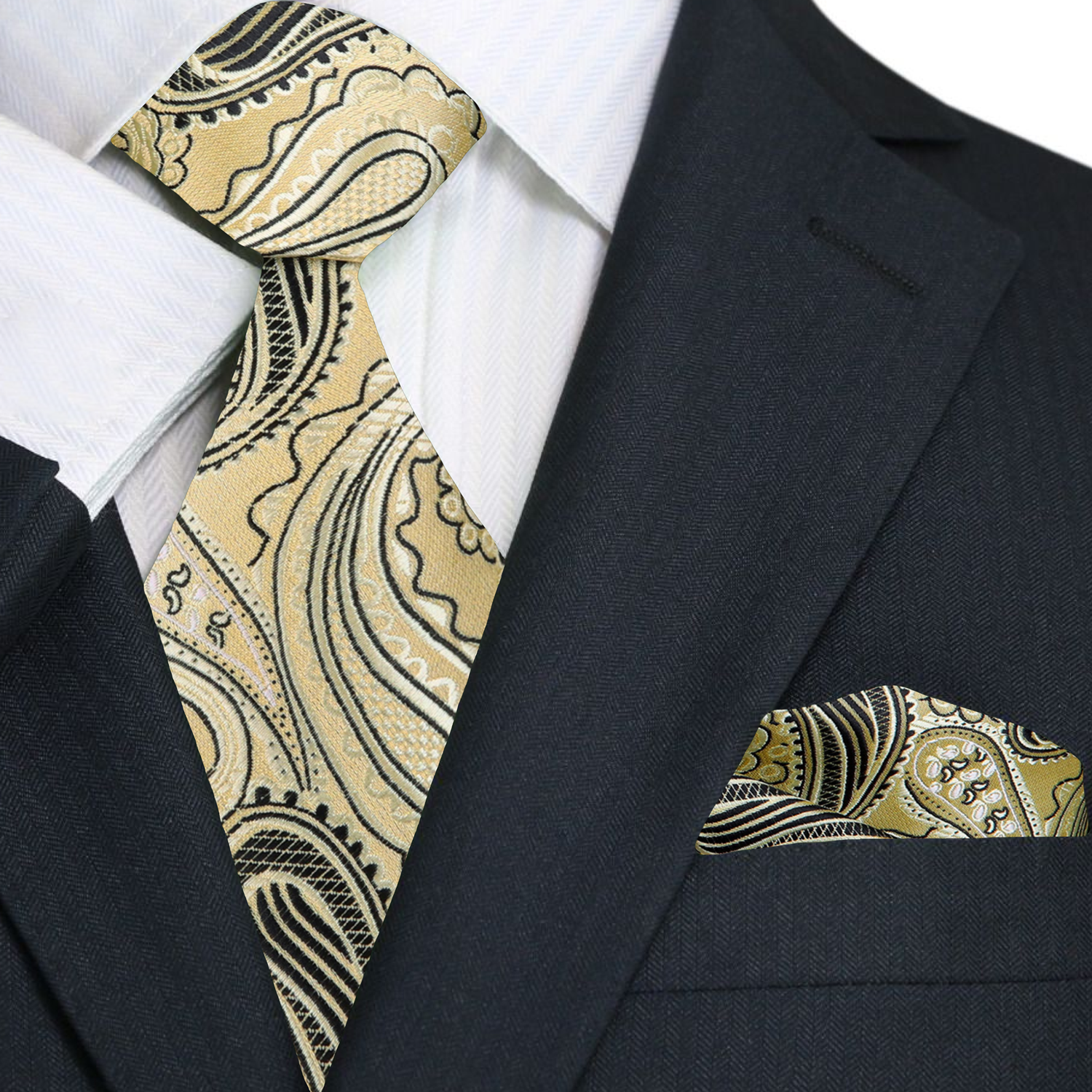 Light Yellow Gold and Black paisley Tie and Square