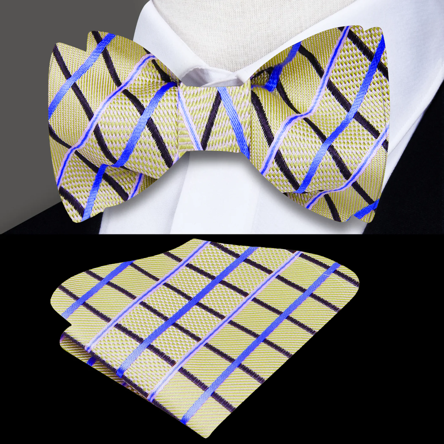 Main: A Light Blue, Light Gold Geometric Diamonds Pattern Silk Self Tie Bow Tie, Matching Pocket Square