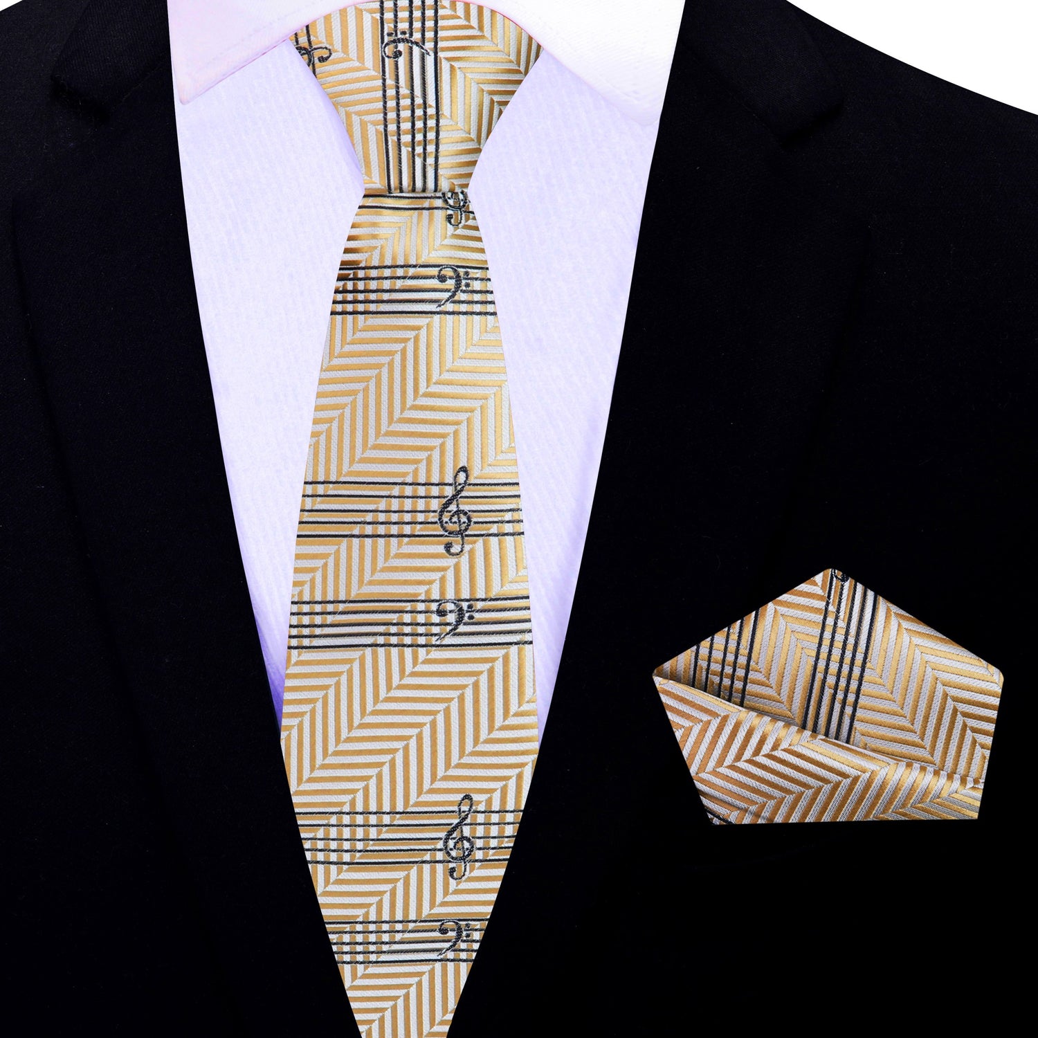 Thin Tie:  Pale Golden Brown Printed Music Tie and Pocket Square