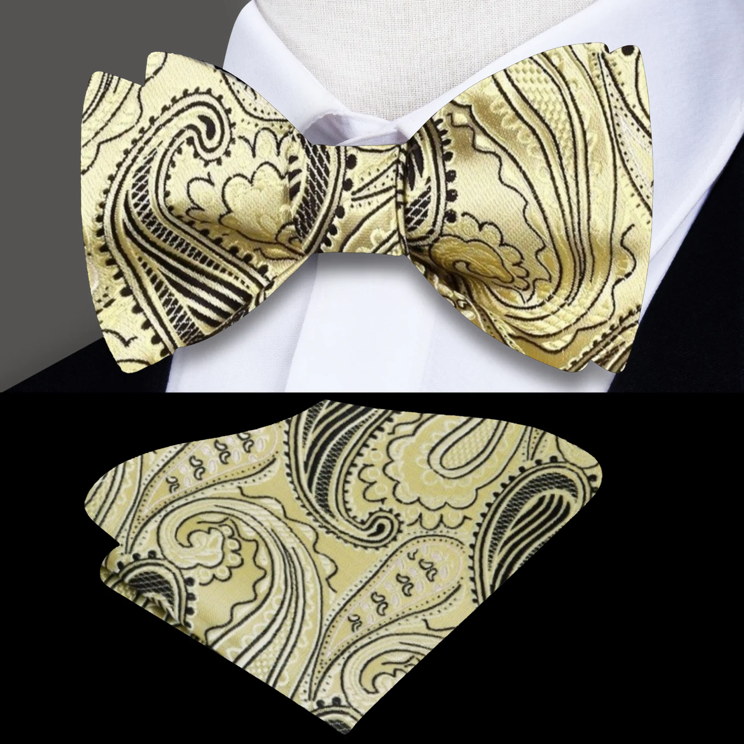 A Light Gold, Black Paisley Pattern Silk Pre Tied Bow Tie, Matching Pocket Square