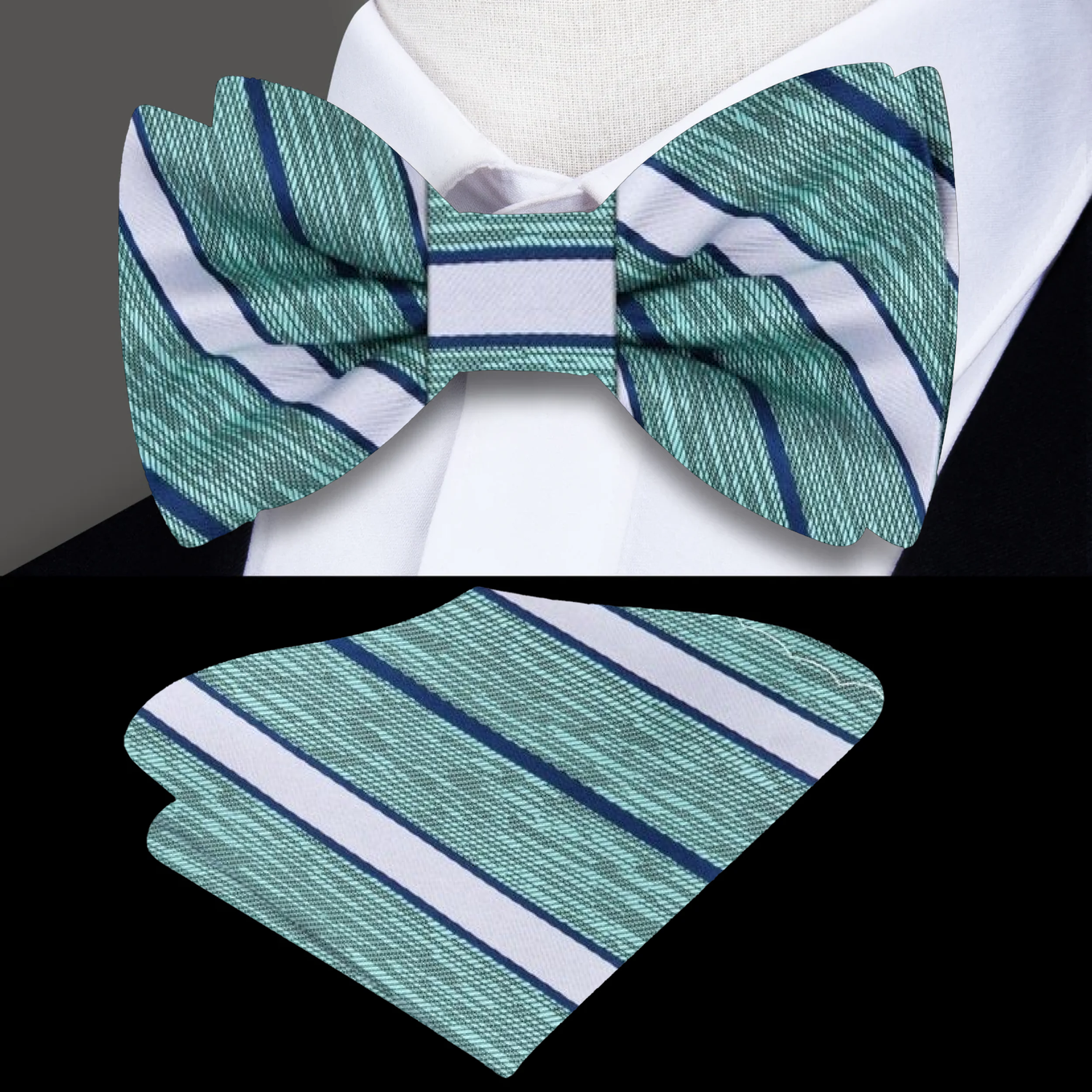 Green, Blue Stripe Bow Tie and pocket Square