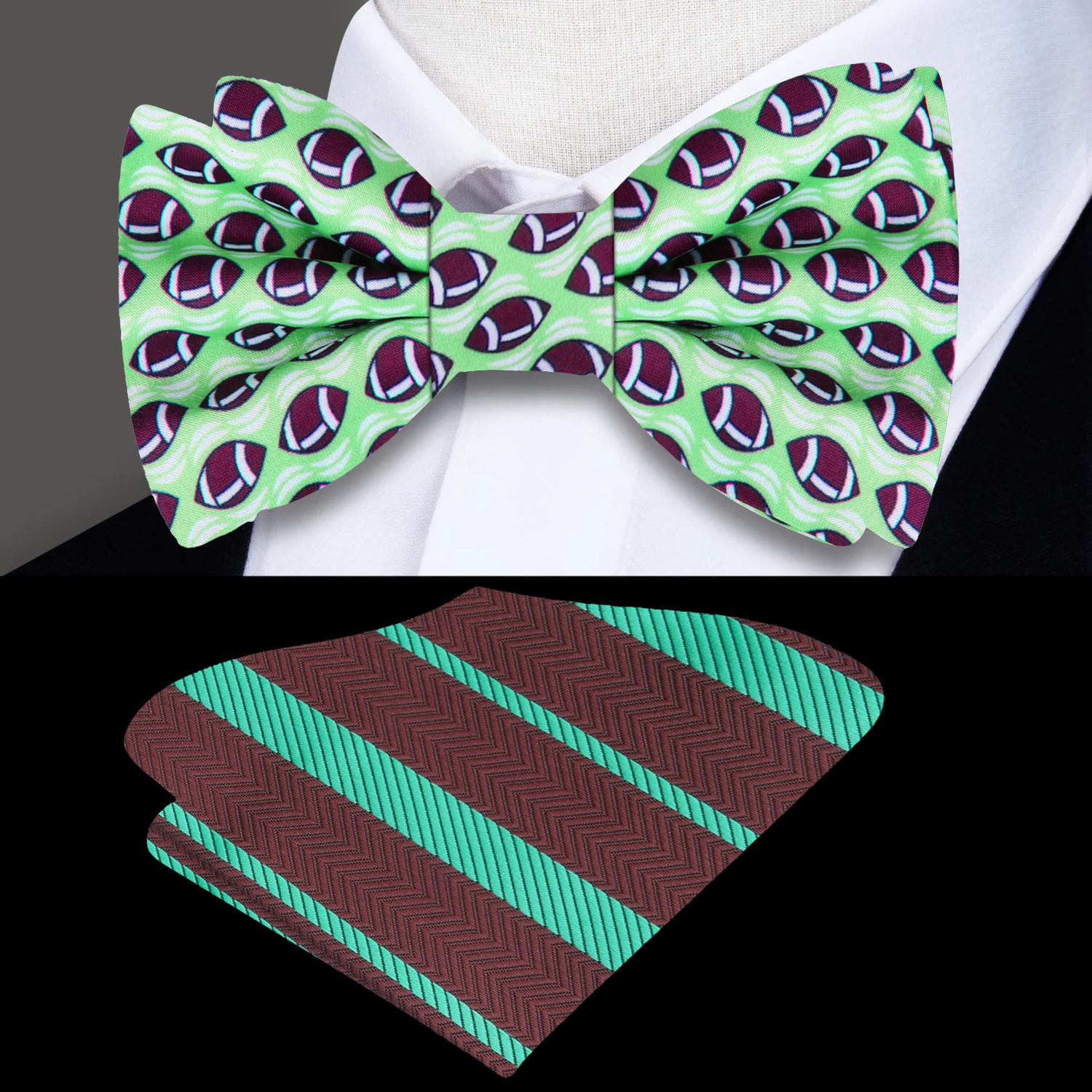 Light Green, Brown Football Bow Tie and Accenting Pocket Square