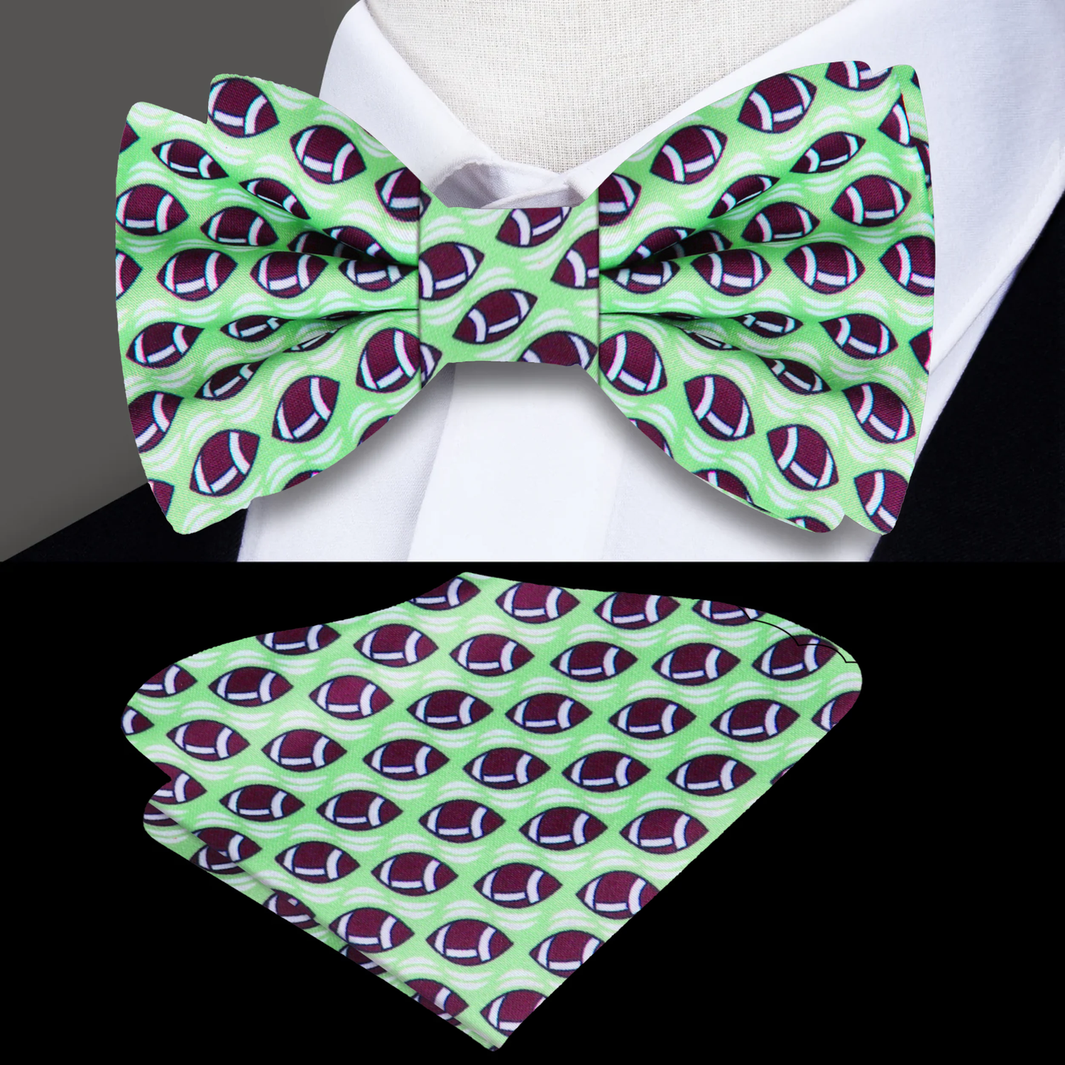 Light Green, Brown Football Bow Tie and Pocket Square