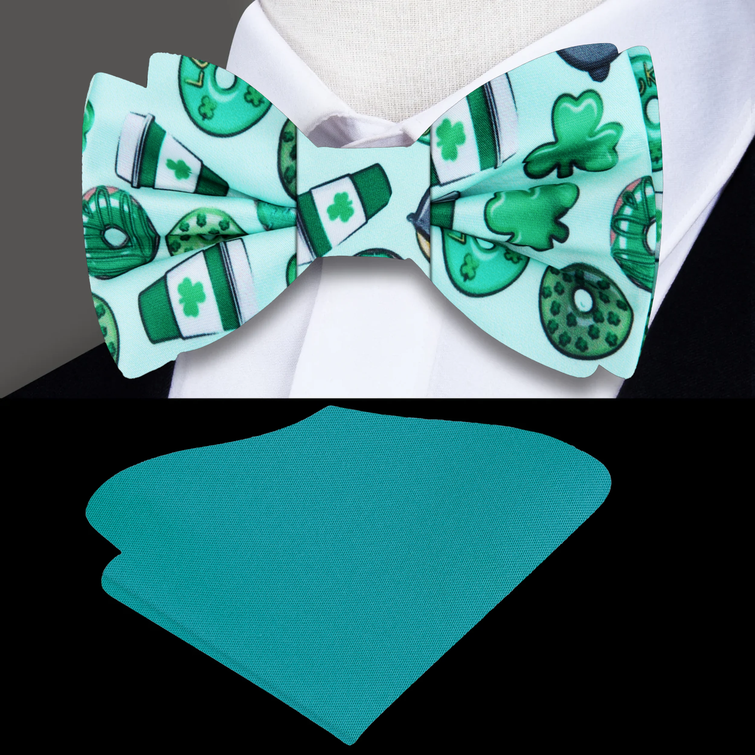 Light Green, Green Coffee, Donuts and Clovers Bow Tie and Solid Square
