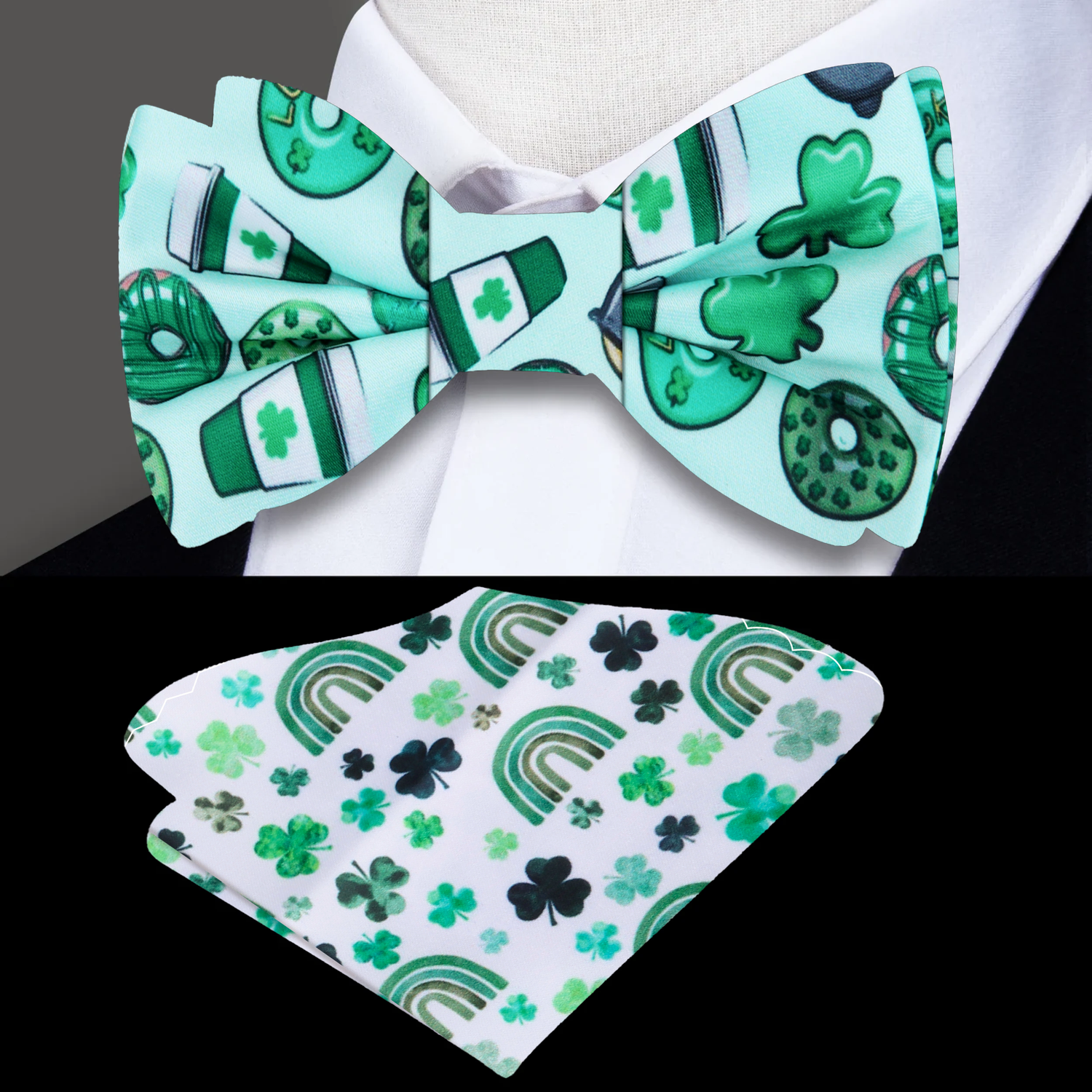 Light Green, Green Coffee, Donuts and Clovers Bow Tie and Accenting Square