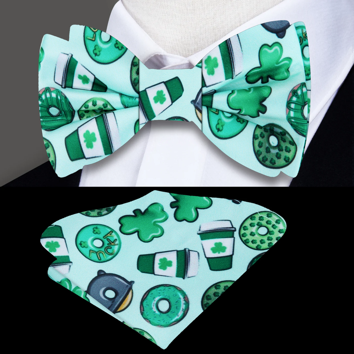 Light Green, Green Coffee, Donuts and Clovers Bow Tie and Square