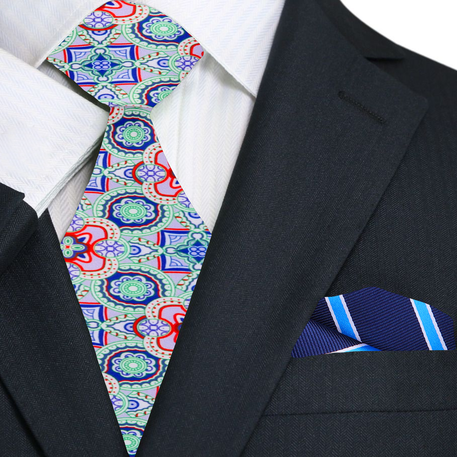 Light Green, Blue, Red Mosaic Necktie and Square