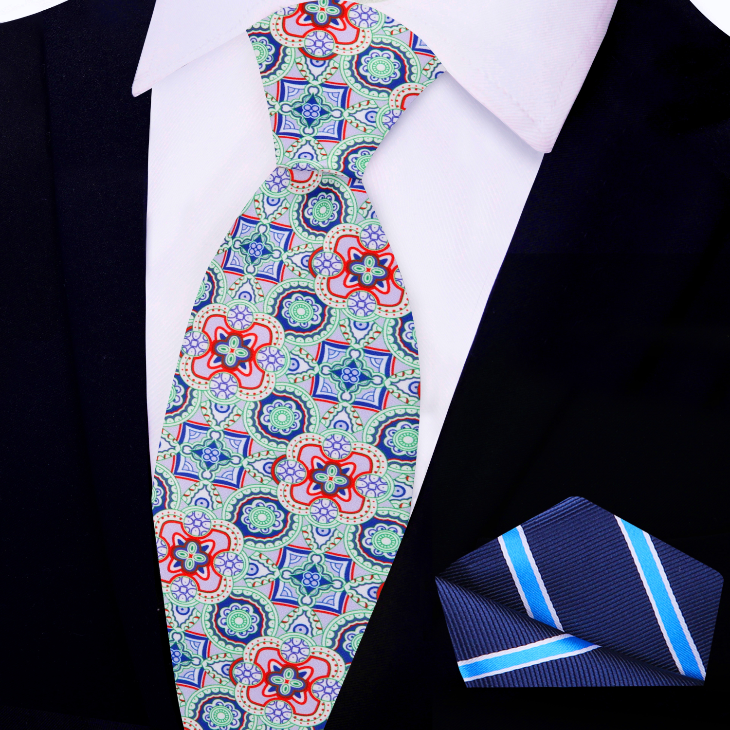 View 2 Light Green, Blue, Red Mosaic Necktie and Square