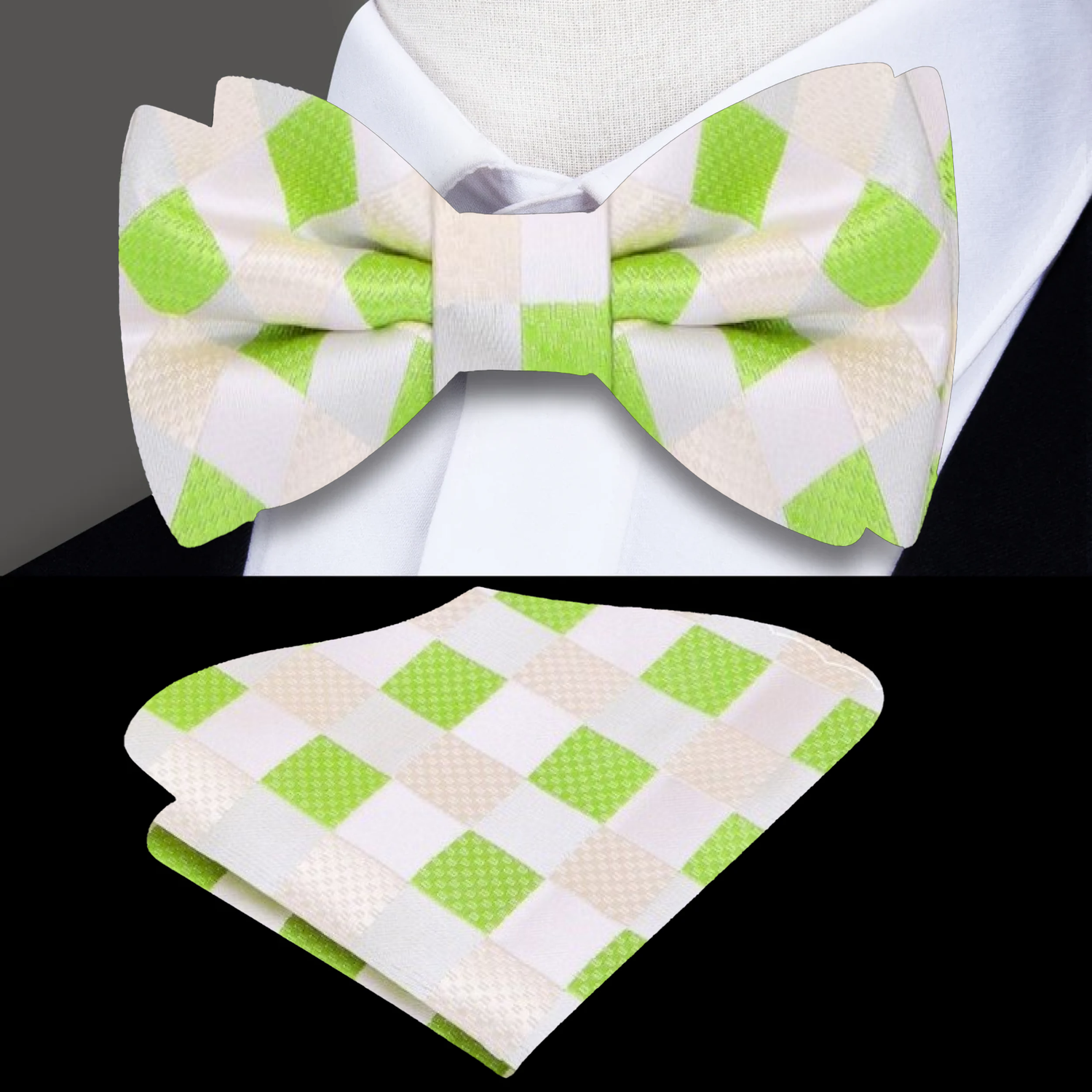 A Lime, Yellow Geometric Pattern Silk Bow Tie, Matching Pocket Square