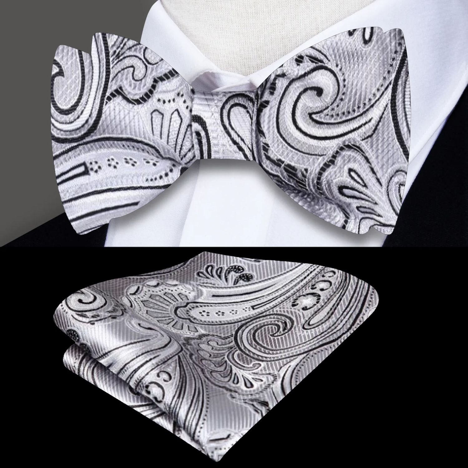 Light Grey, Black Paisley Bow Tie and Pocket Square