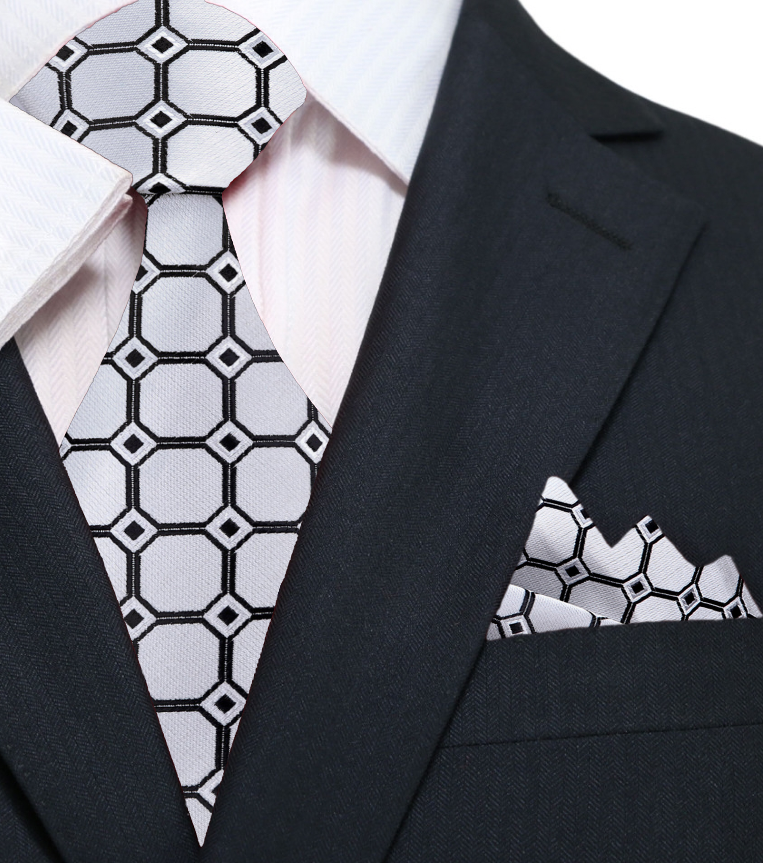 An Icy Silver, White, Black Geometric Squares With Small Diamonds Pattern Silk Necktie, Matching Pocket Square