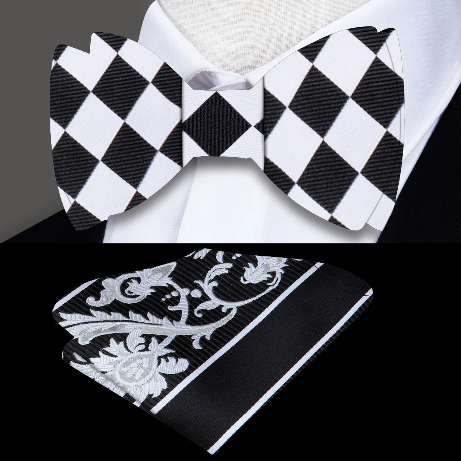 A Light Grey and Black Checkerboard Pattern Silk Self Tie Bow Tie With Accenting Pocket Square