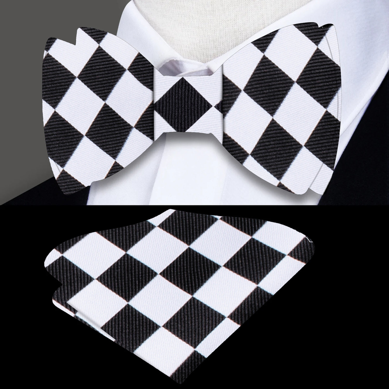 A Light Grey and Black Checkerboard Pattern Silk Self Tie Bow Tie With Matching Pocket Square