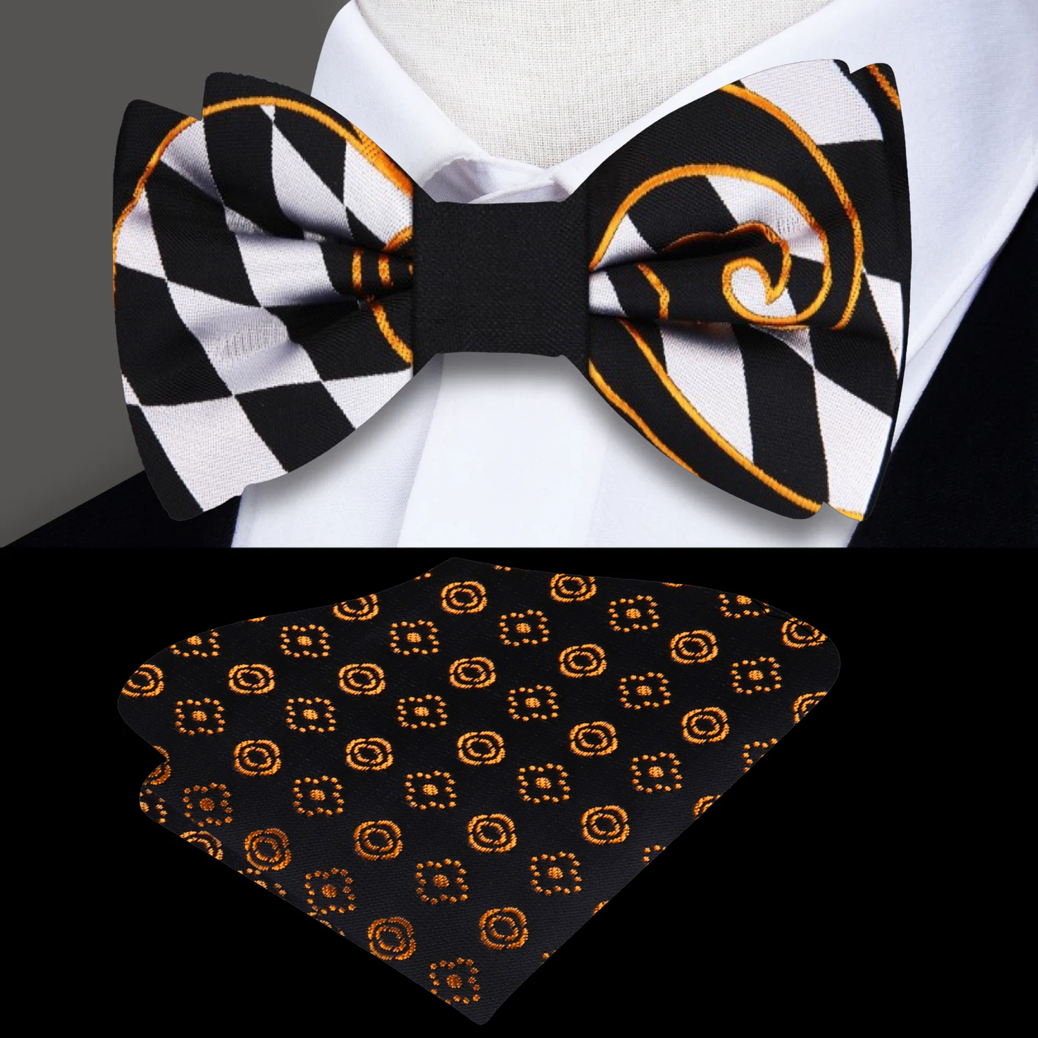 Light Grey Black Gold Champion Bow Tie and Accenting Square