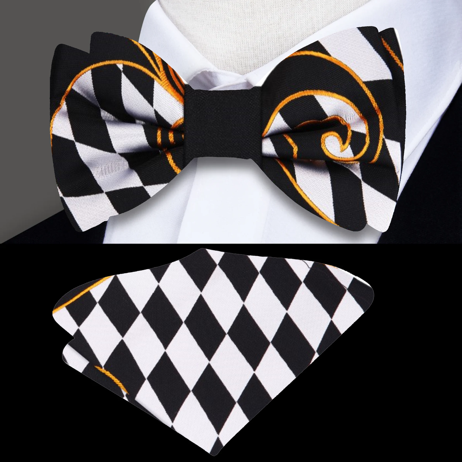 Main View: Black, Light Grey, Gold Geometric and Paisley Bow Tie and Square