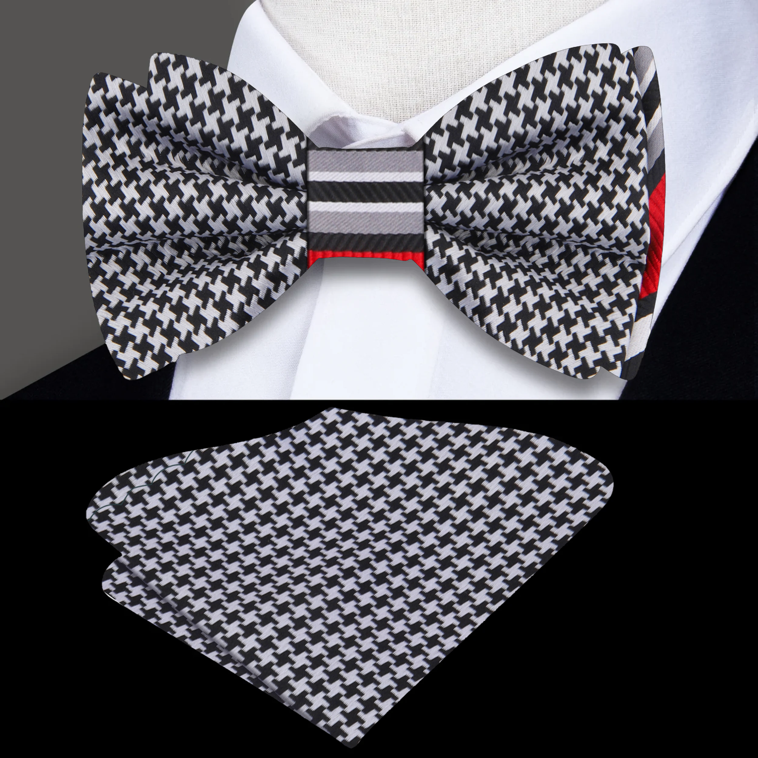 Alt Black, Red Stripe and Hounds Tooth Bow Tie and Square