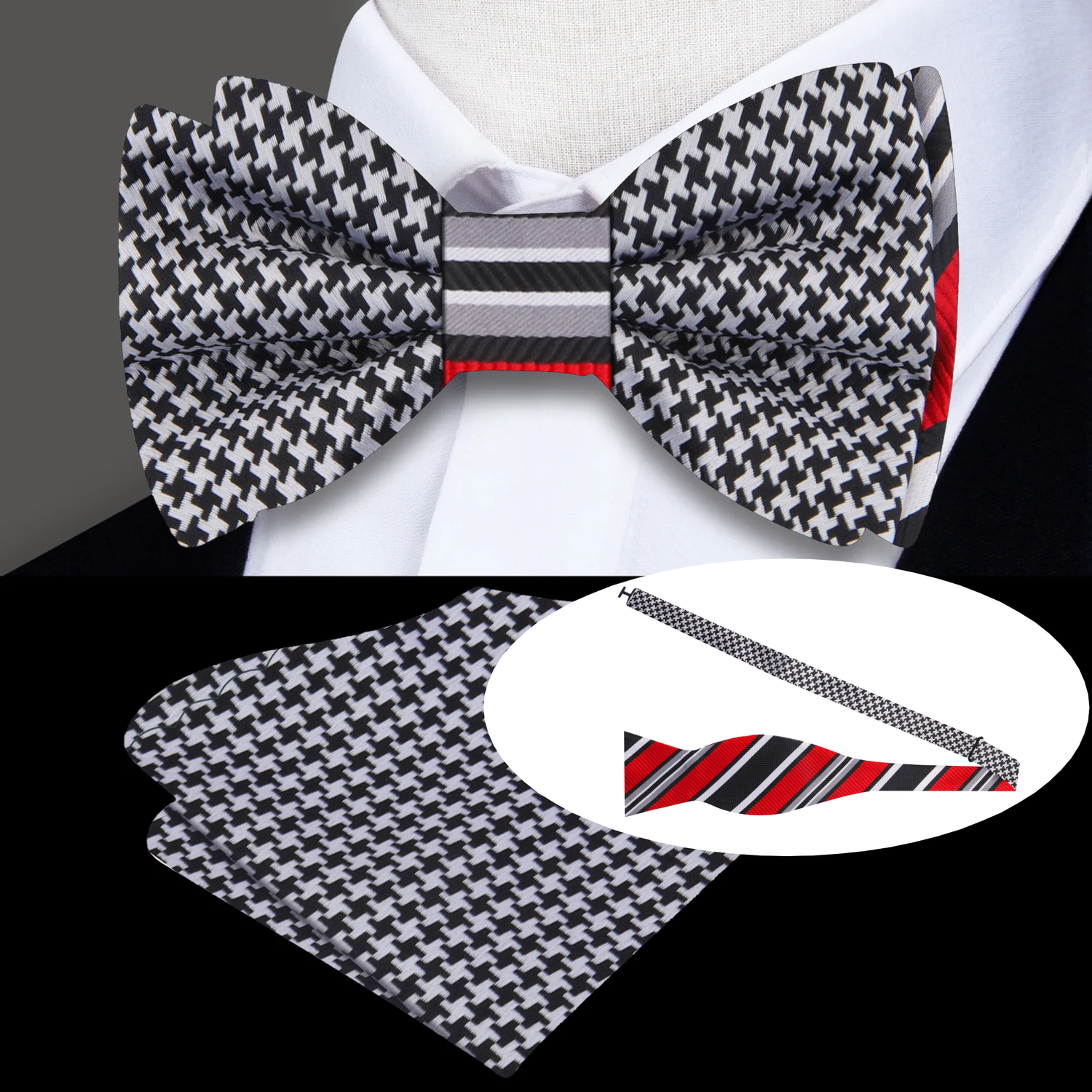 Black, Red Stripe and Hounds Tooth Bow Tie and Square