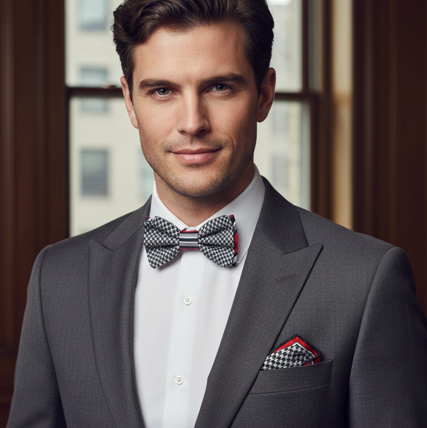 Man wearing a gray suit with a checkered bow tie and pocket square indoors.