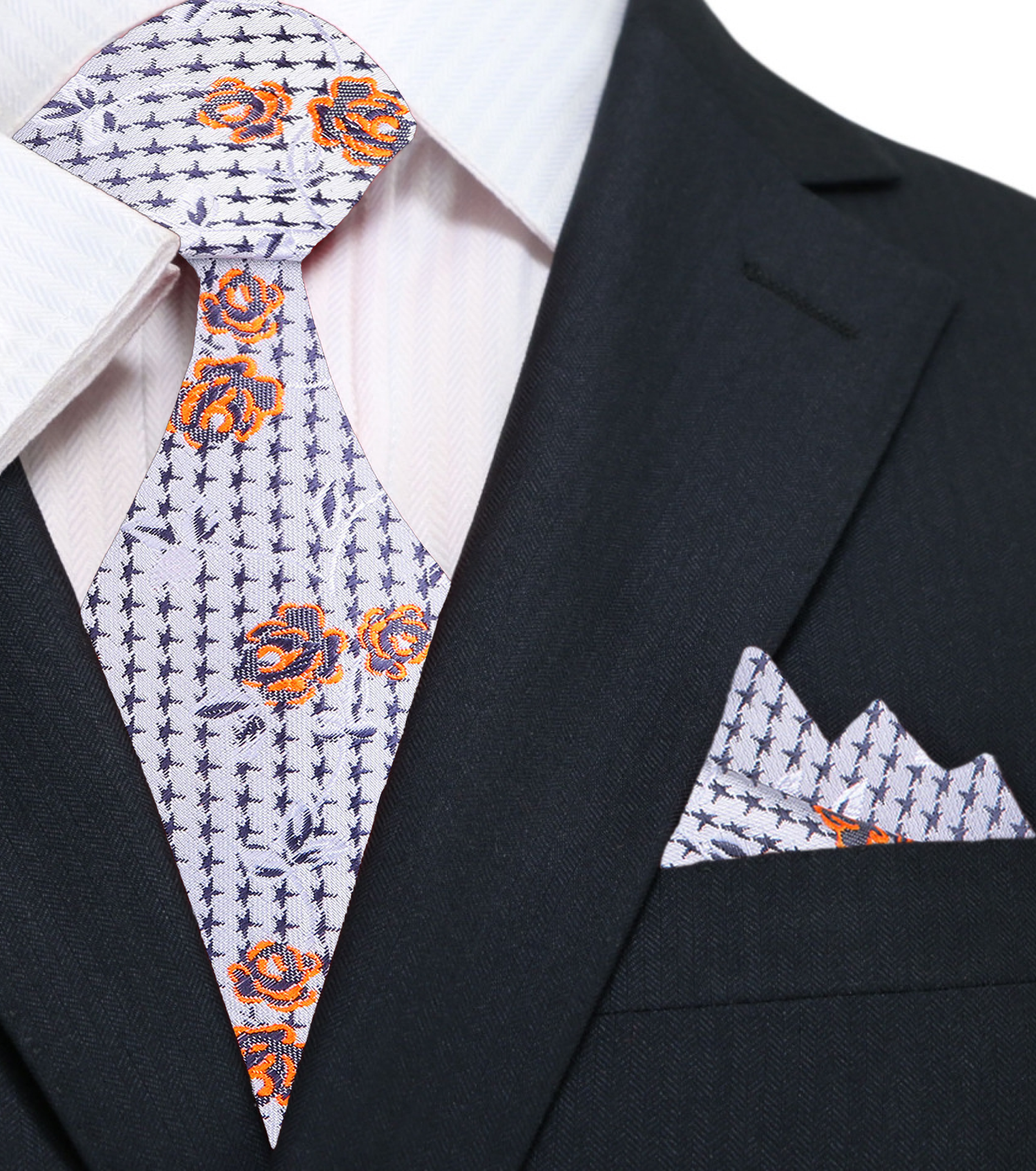A Grey, Gold Blossom Tie and Square