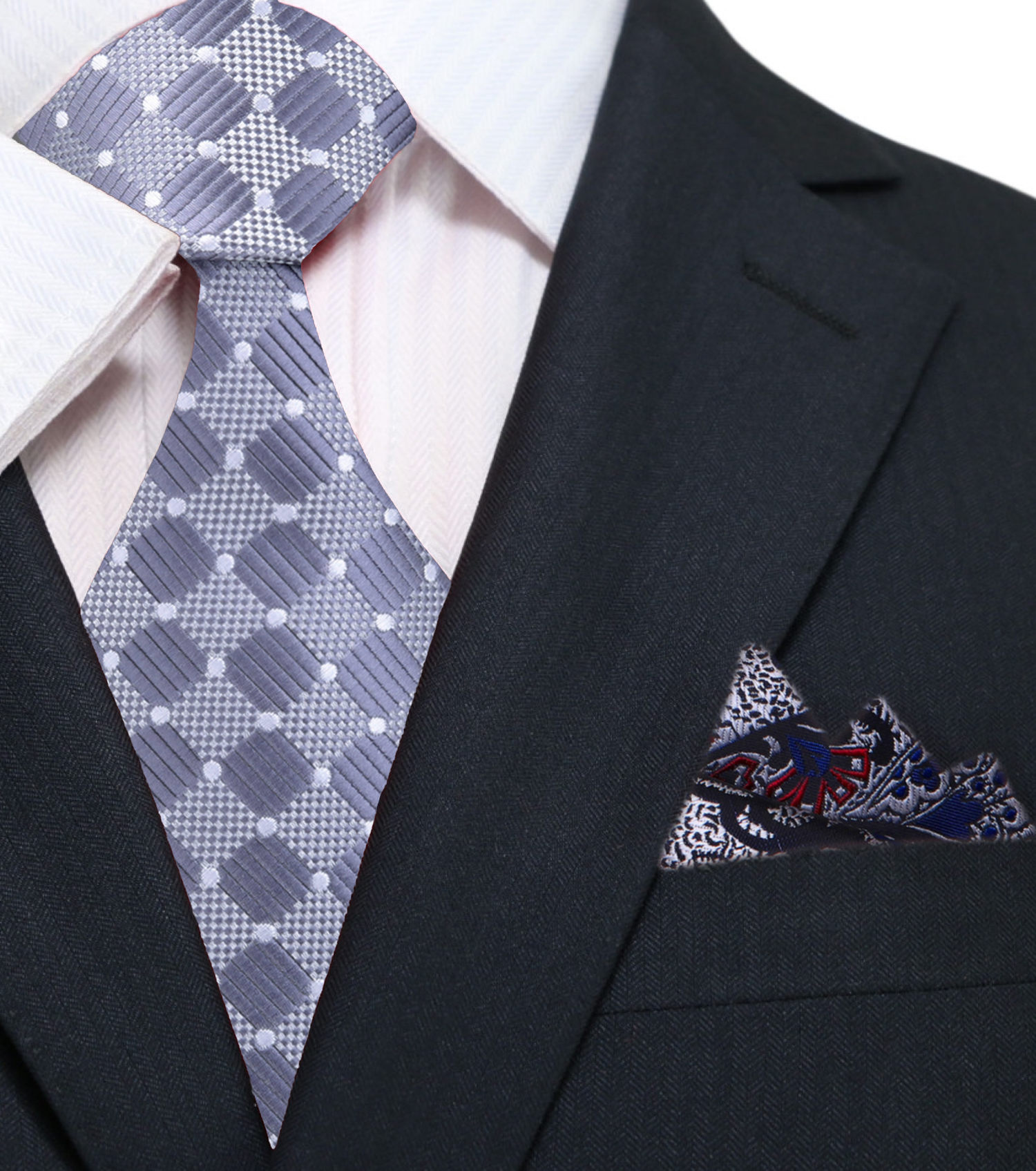 Main View: Grey, White Geometric Necktie with Grey, Black, Red Paisley Pocket Square