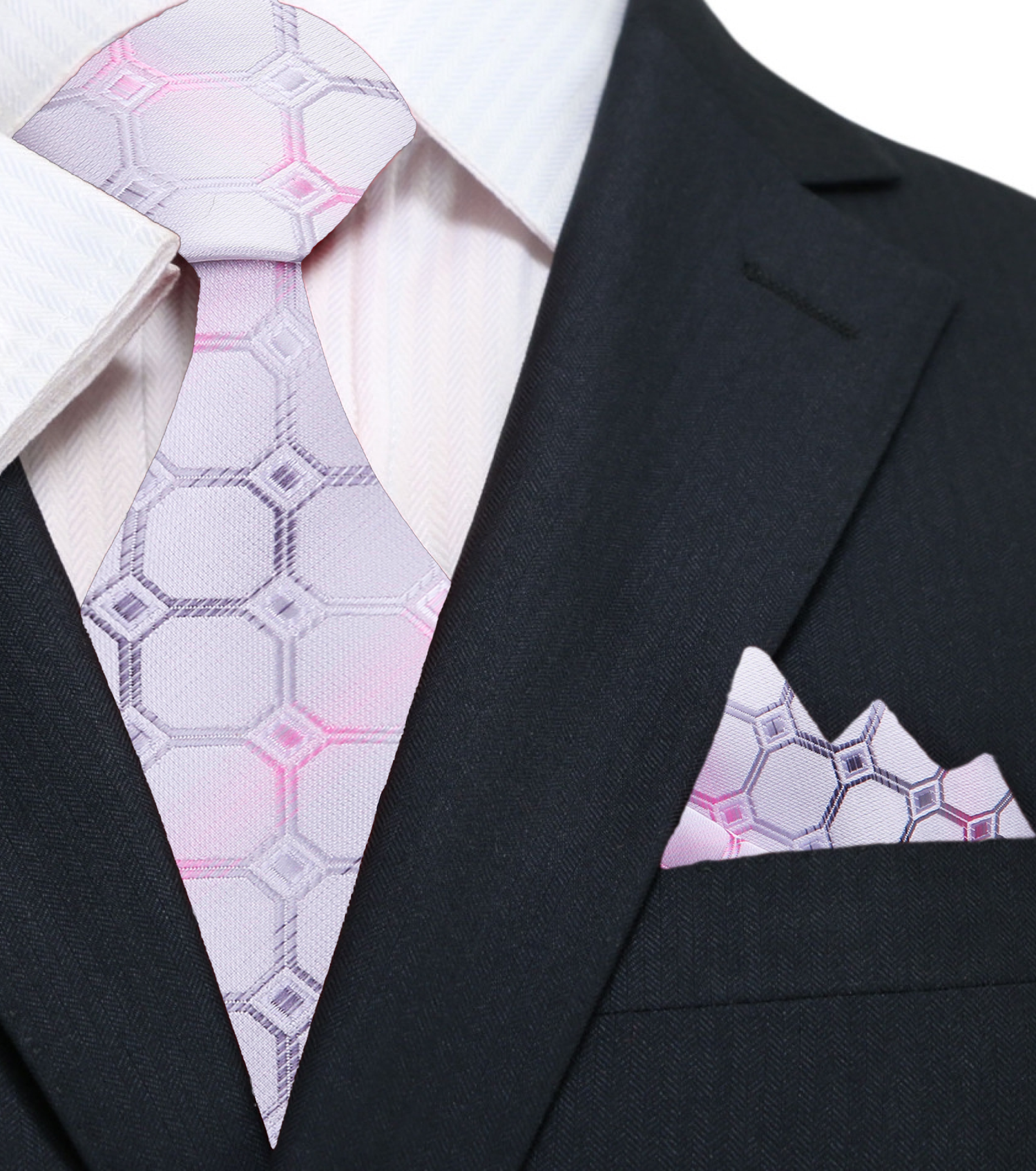 An Icy Silver, White, Pink Geometric Squares With Small Diamonds Pattern Silk Necktie, Matching Pocket Square