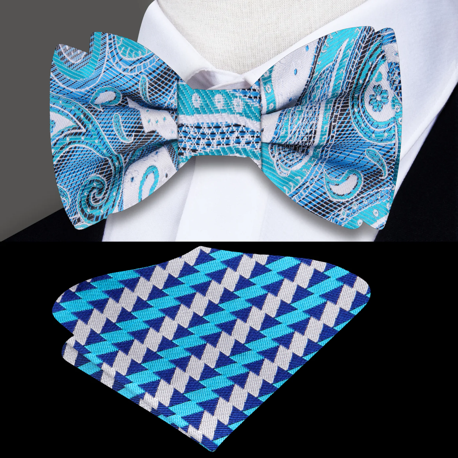 Light Blue Coda Paisley Bow Tie and Accenting Pocket Square