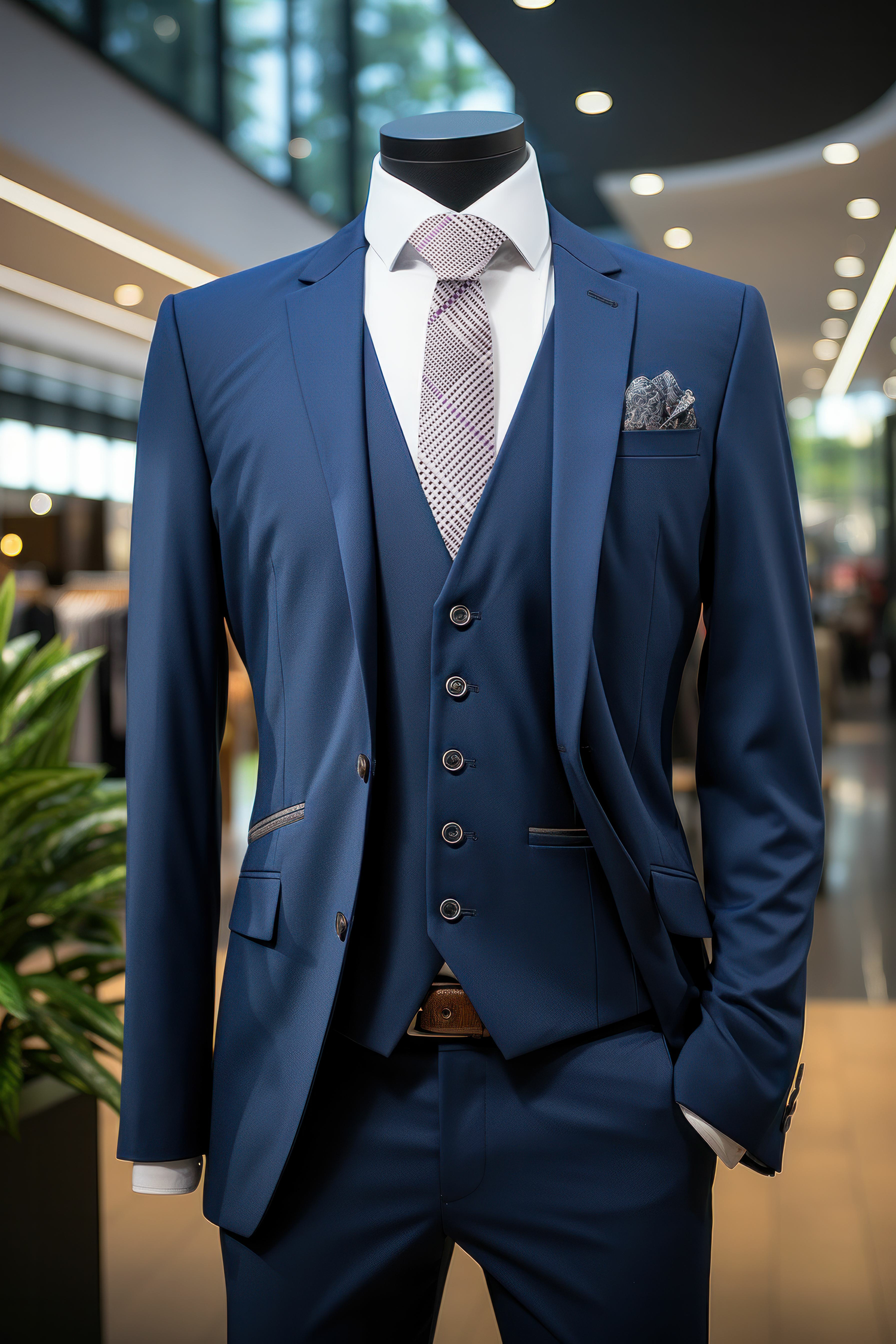 Light Grey, Light Purple Plaid Necktie On Blue Suit