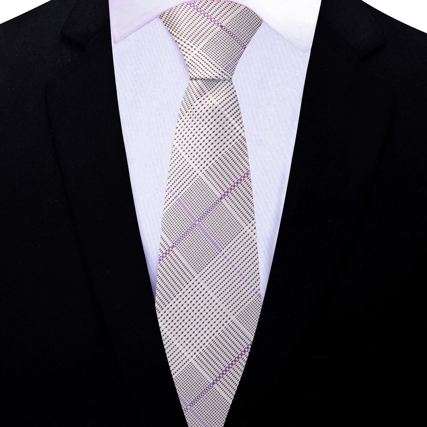 Thin Tie: Light Grey, Light Purple Plaid Necktie