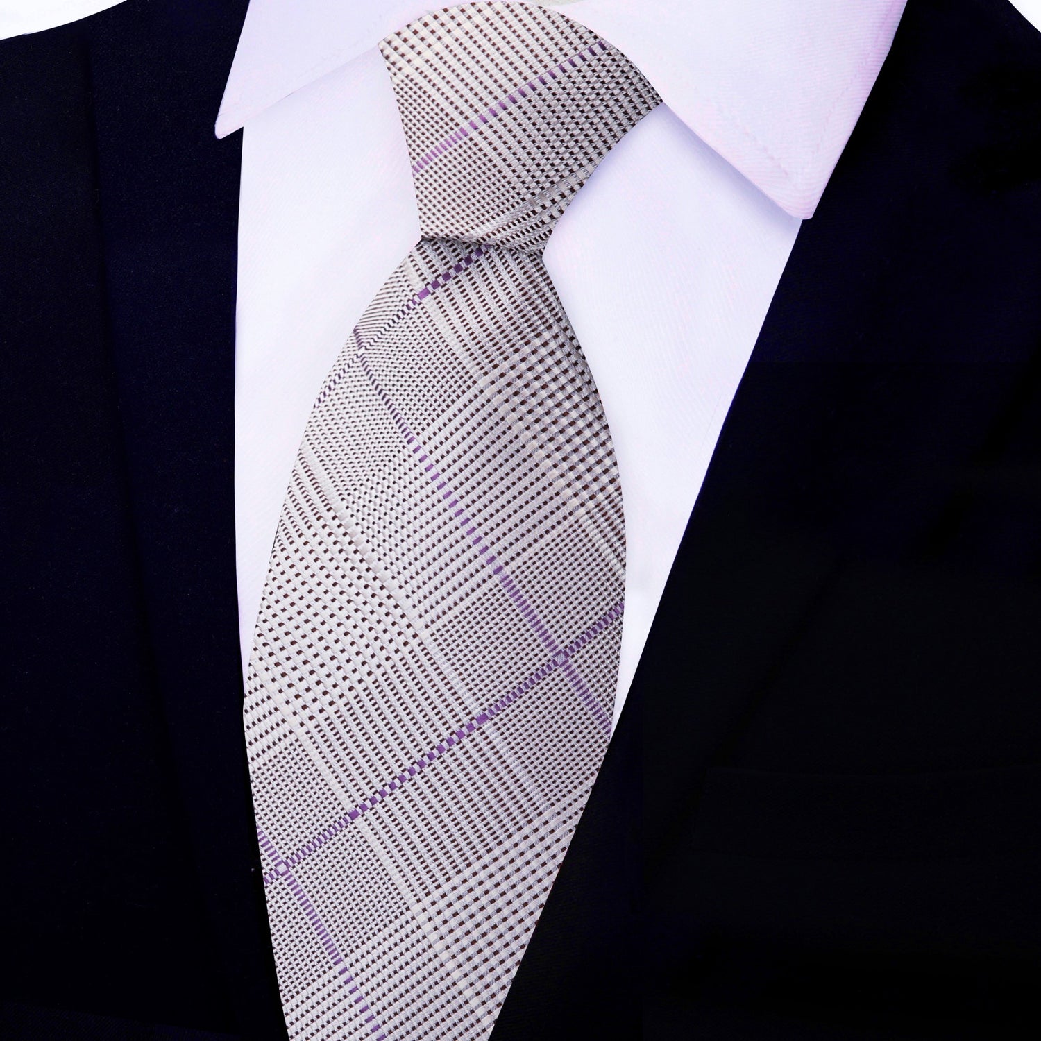 Light Grey, Light Purple Plaid Necktie