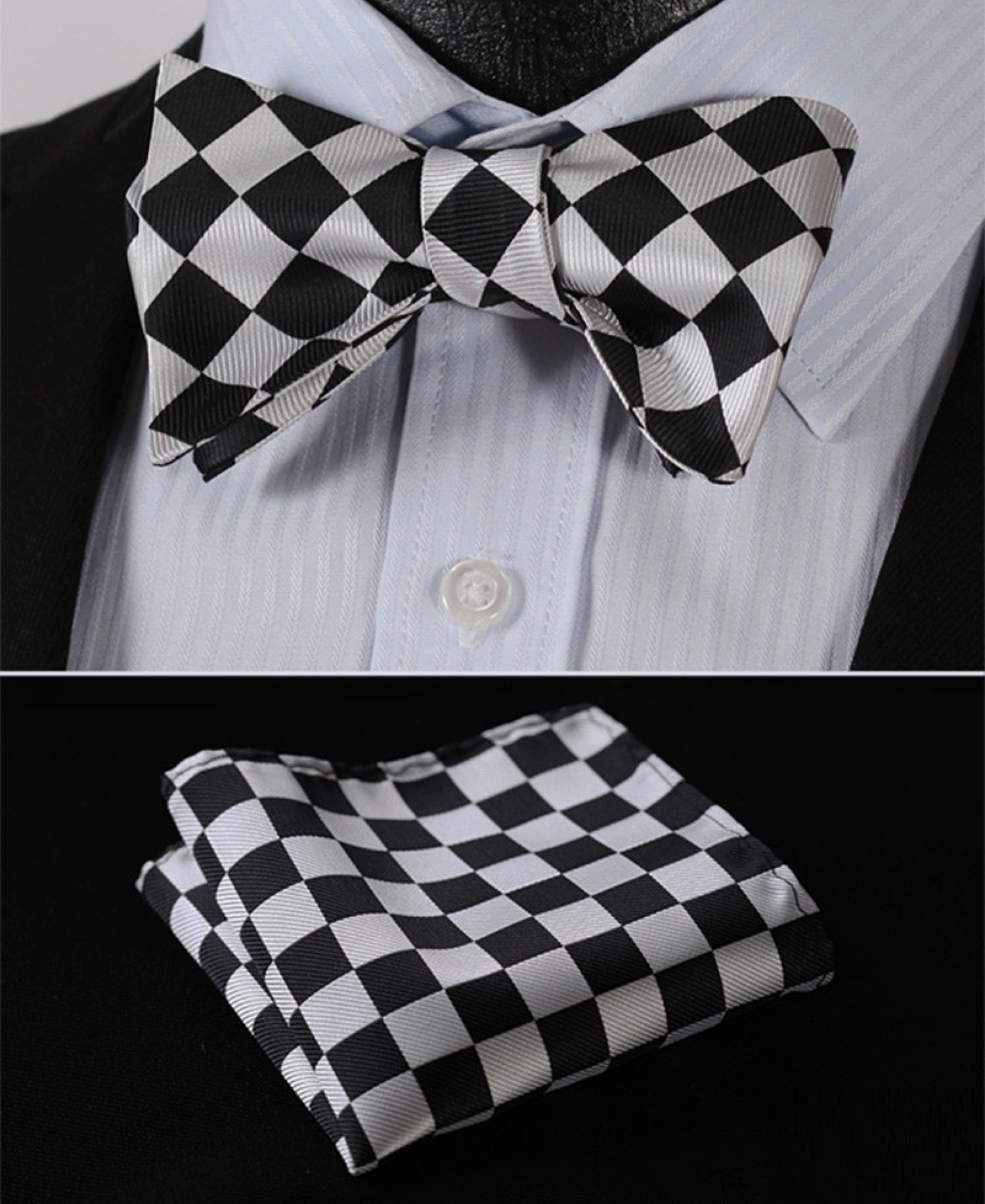 Main View: A Light Grey and Black Checkerboard Pattern Silk Self Tie Bow Tie With Matching Pocket Square