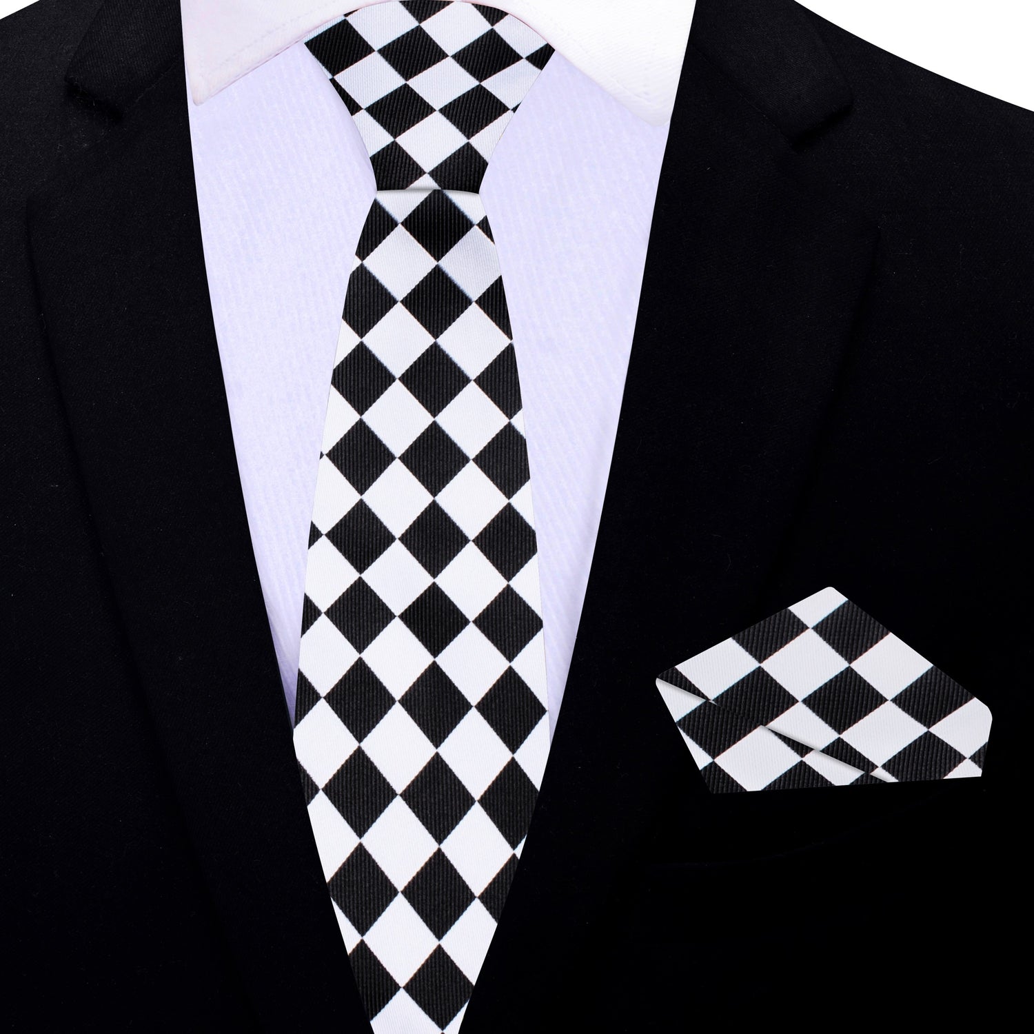 Thin Tie: Light Grey and Black Checkerboard Tie and Matching Square