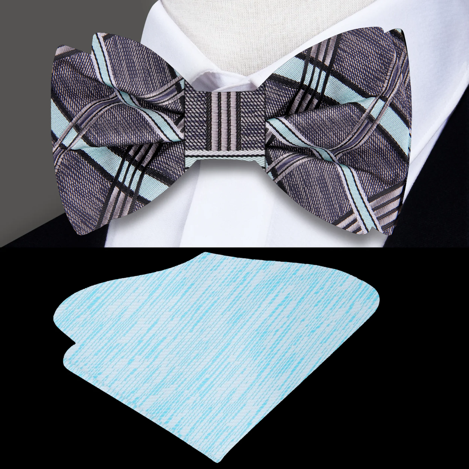 Grey, Light Blue Plaid Bow Tie and Light Blue Square