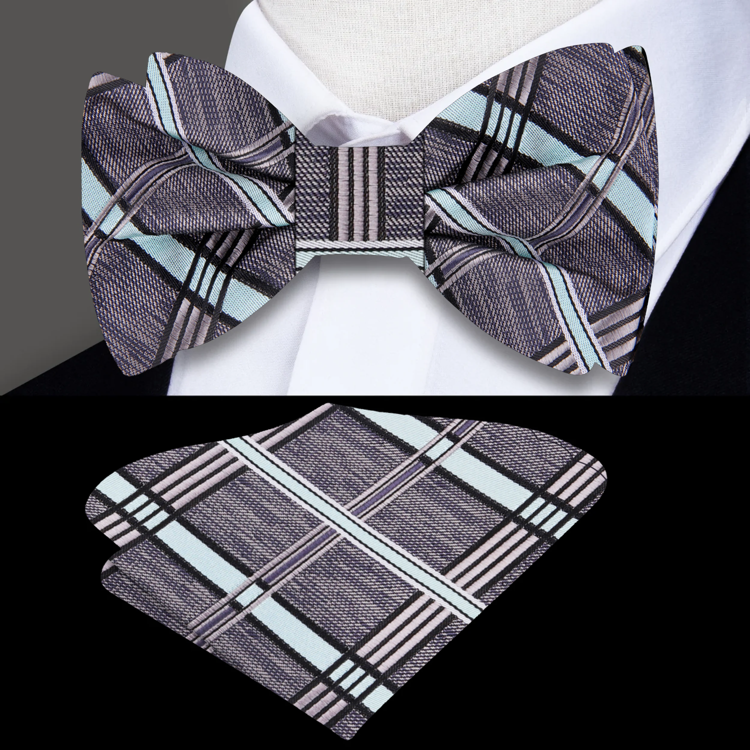 Grey, Light Blue Plaid Bow Tie and  Square