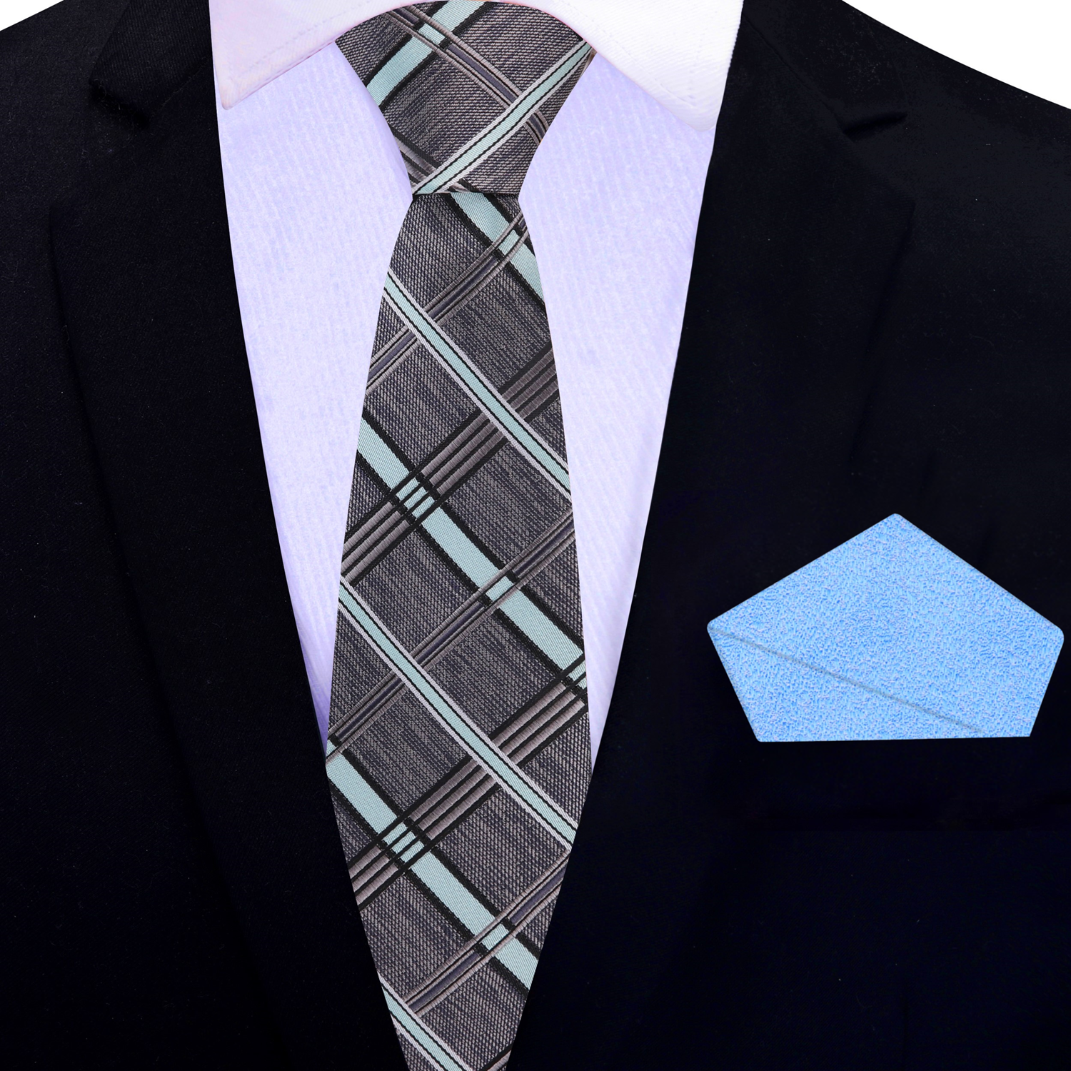 Thin Dark Grey, Light Blue Plaid Tie and Blue Pocket Square