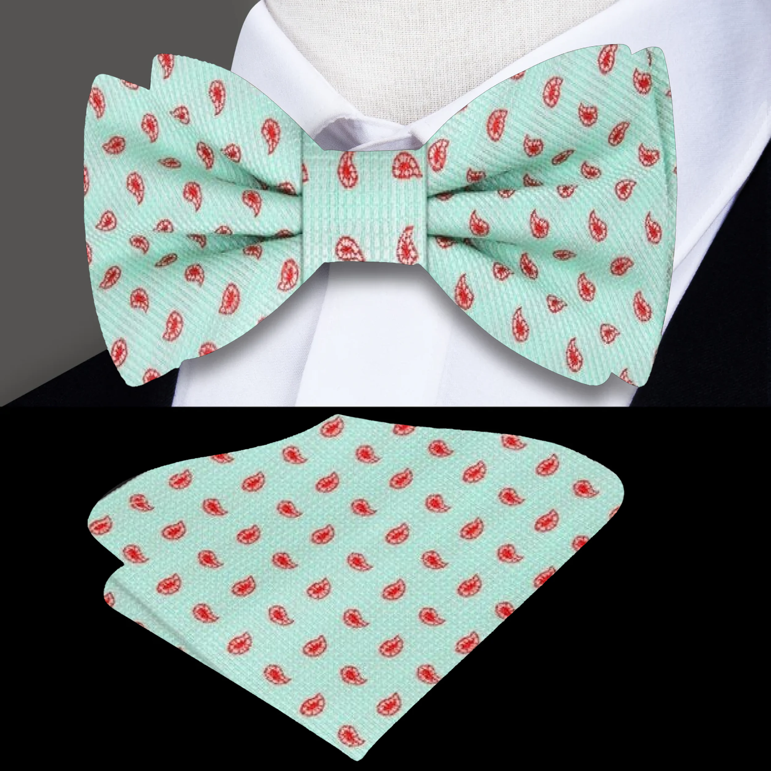 Mint, Red Paisley Bow Tie And Pocket Square