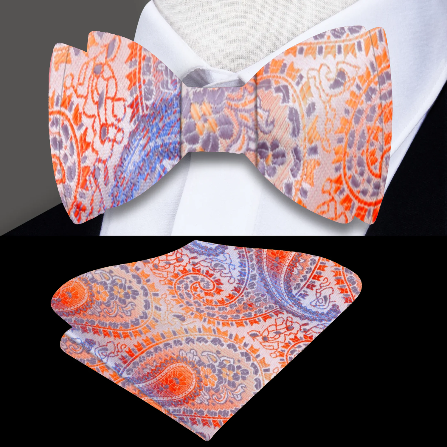 Peach, Orange and Purple Paisley Bow Tie and Pocket Square
