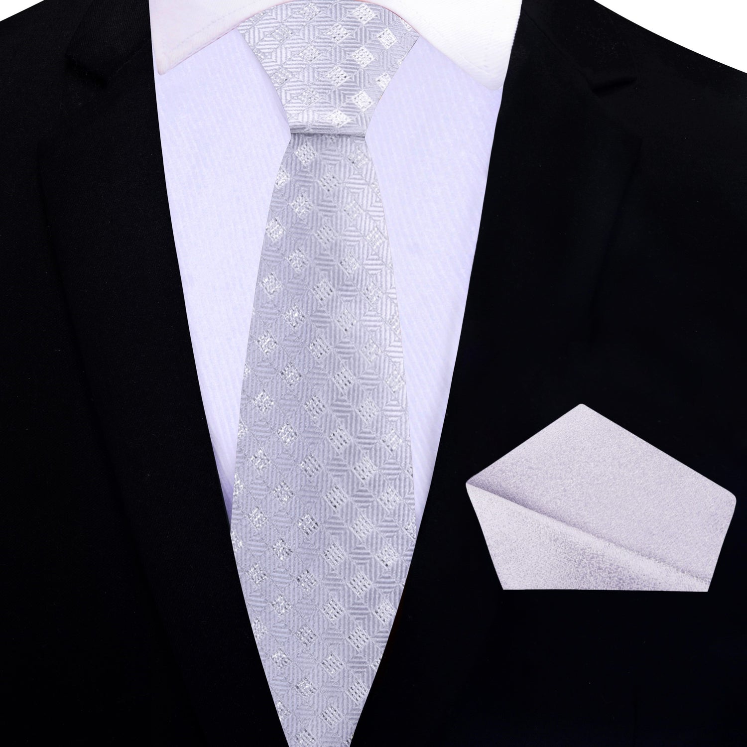 Thin Tie: Platinum Geometric Tie and Shimmer Silver Pocket Square