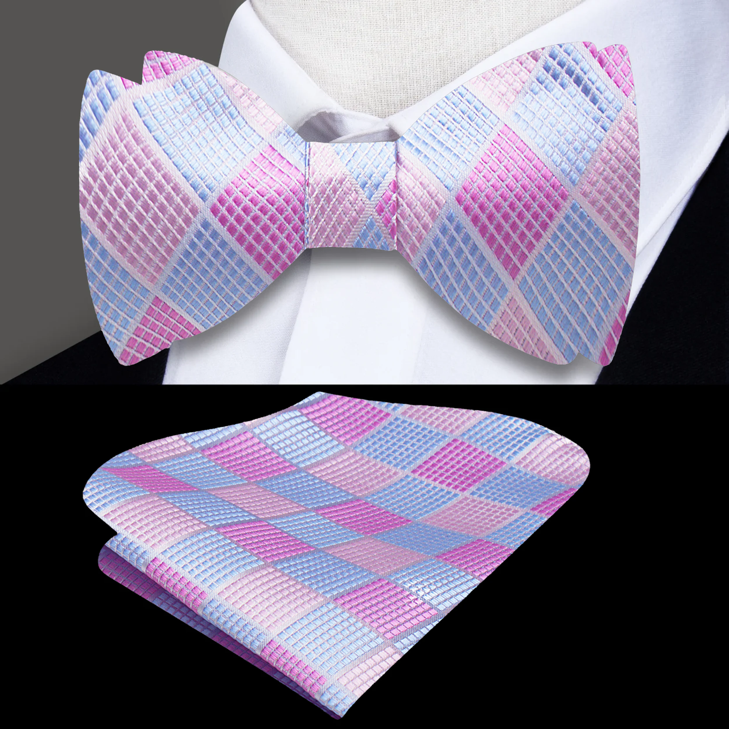 Pink Blue Diamonds Bow Tie and Pocket Square