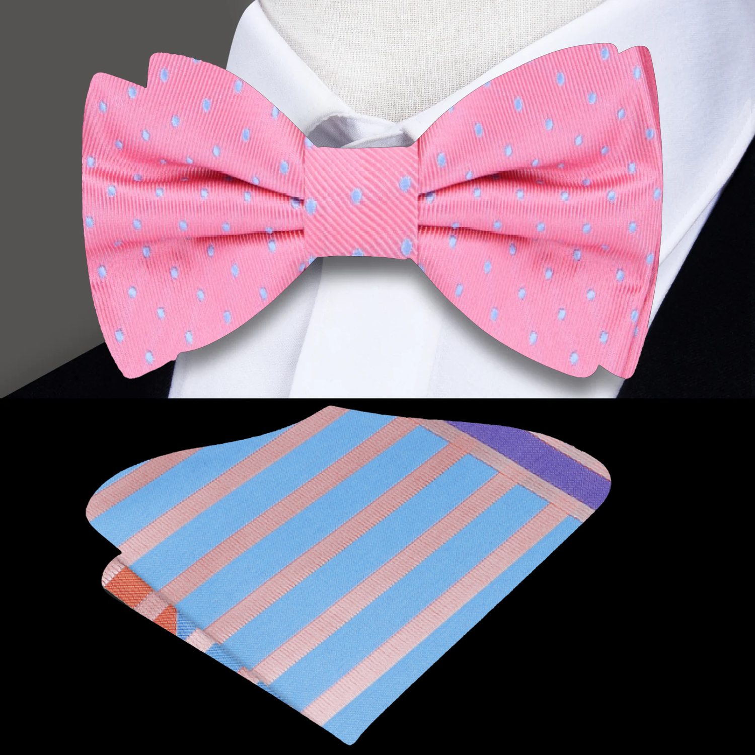 Gumball Pink, Rich Light Blue Polka Dots Bow Tie and Abstract Pocket Square