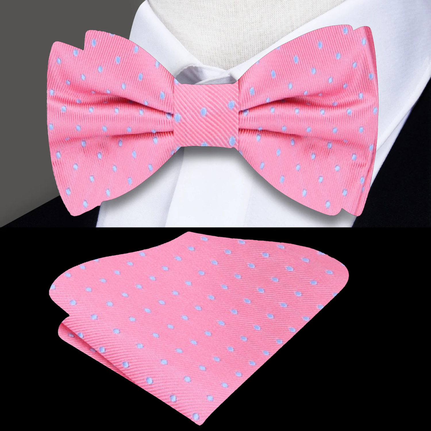 Gumball Pink, Rich Light Blue Polka Dots Bow Tie and Pocket Square