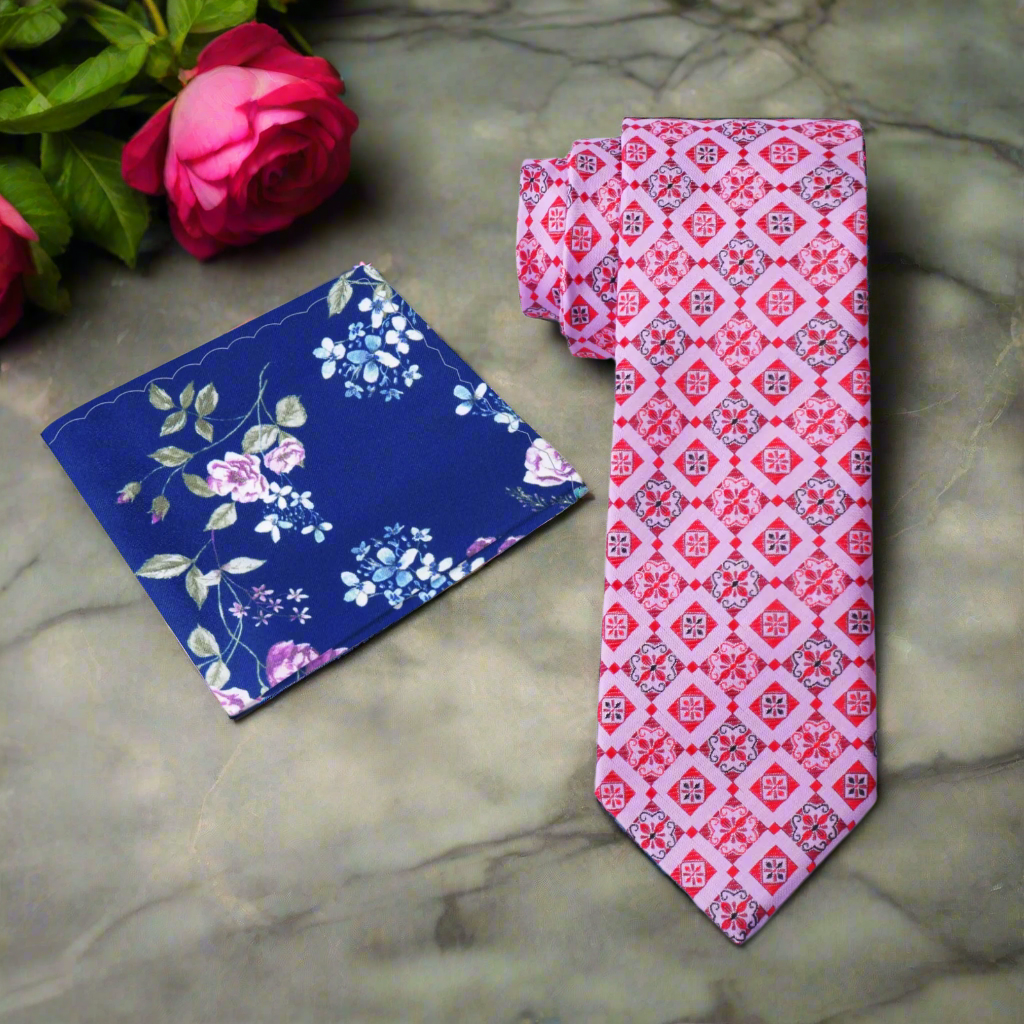 Alt Pink, Red Geometric Necktie with Blue Floral Square