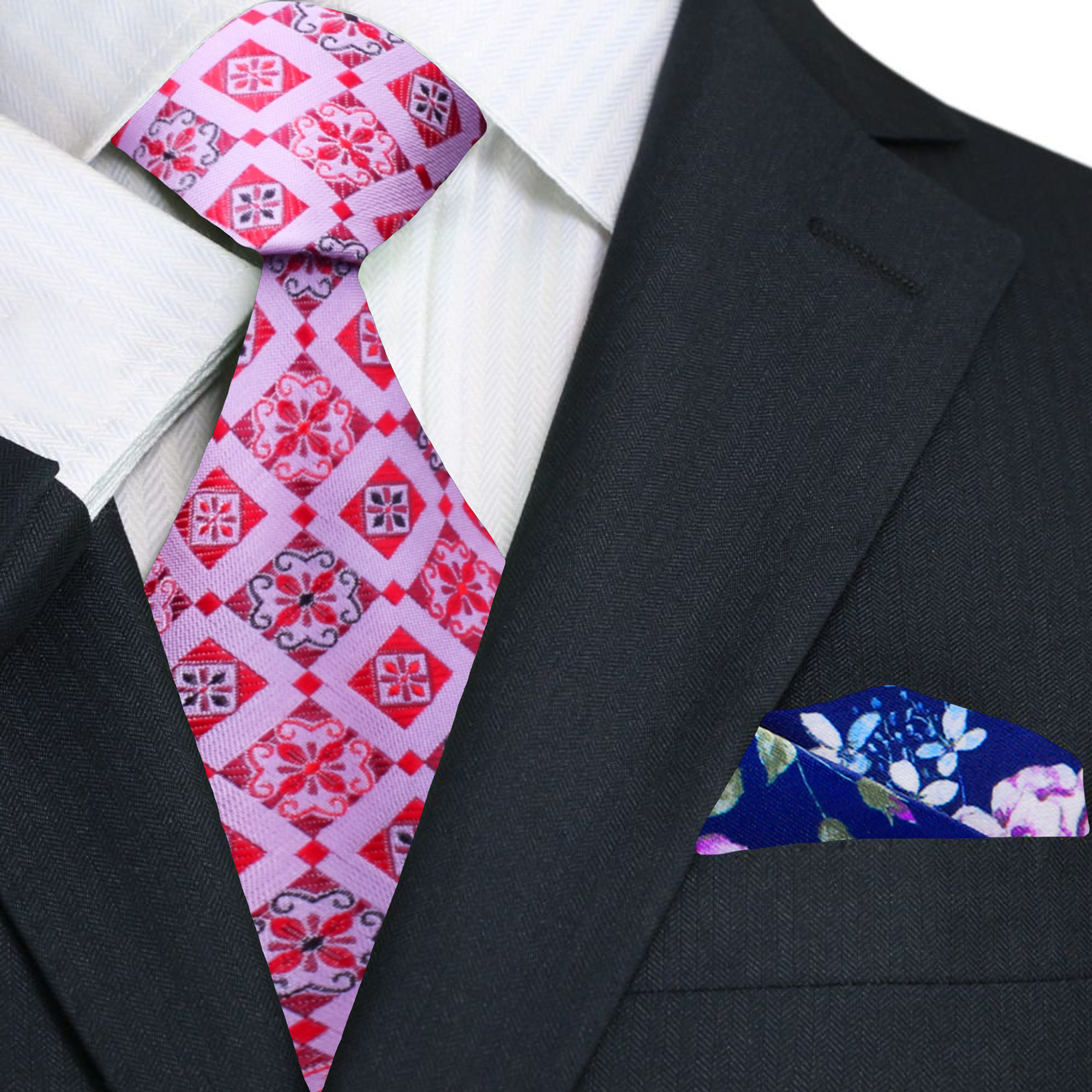 Pink, Red Geometric Necktie with Blue Floral Square