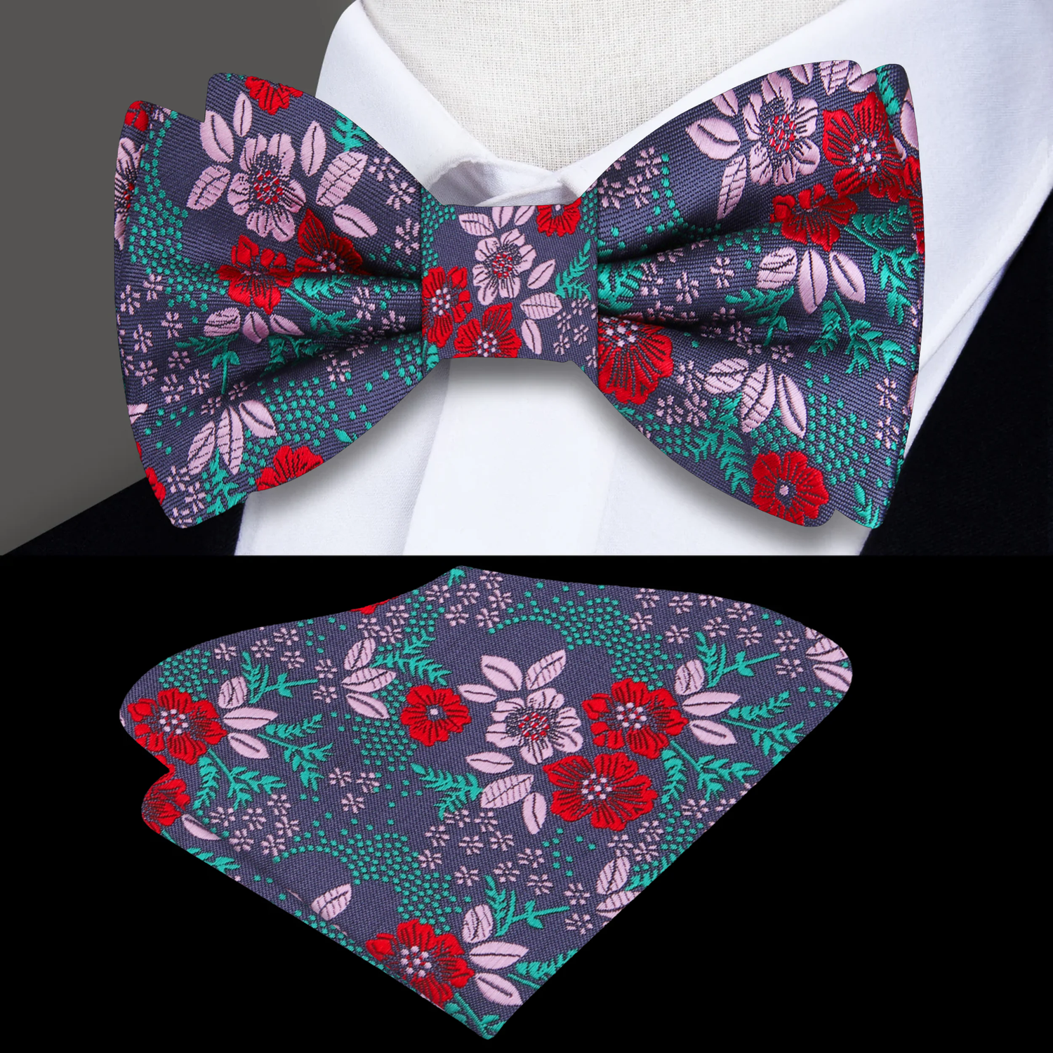 Light Plum, Red, Green, Pink Floral Bow Tie and Pocket Square