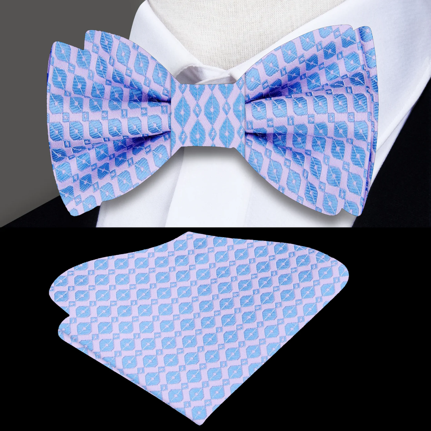 Barely Purple, Light Blue Geometric Bow Tie And Pocket Square