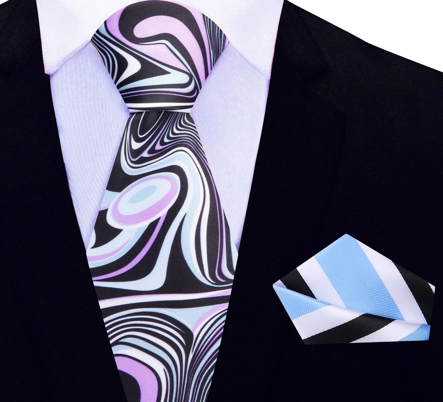 Pink, Light Blue, Black Abstract Tie and Blue, White, Black Stripe Square