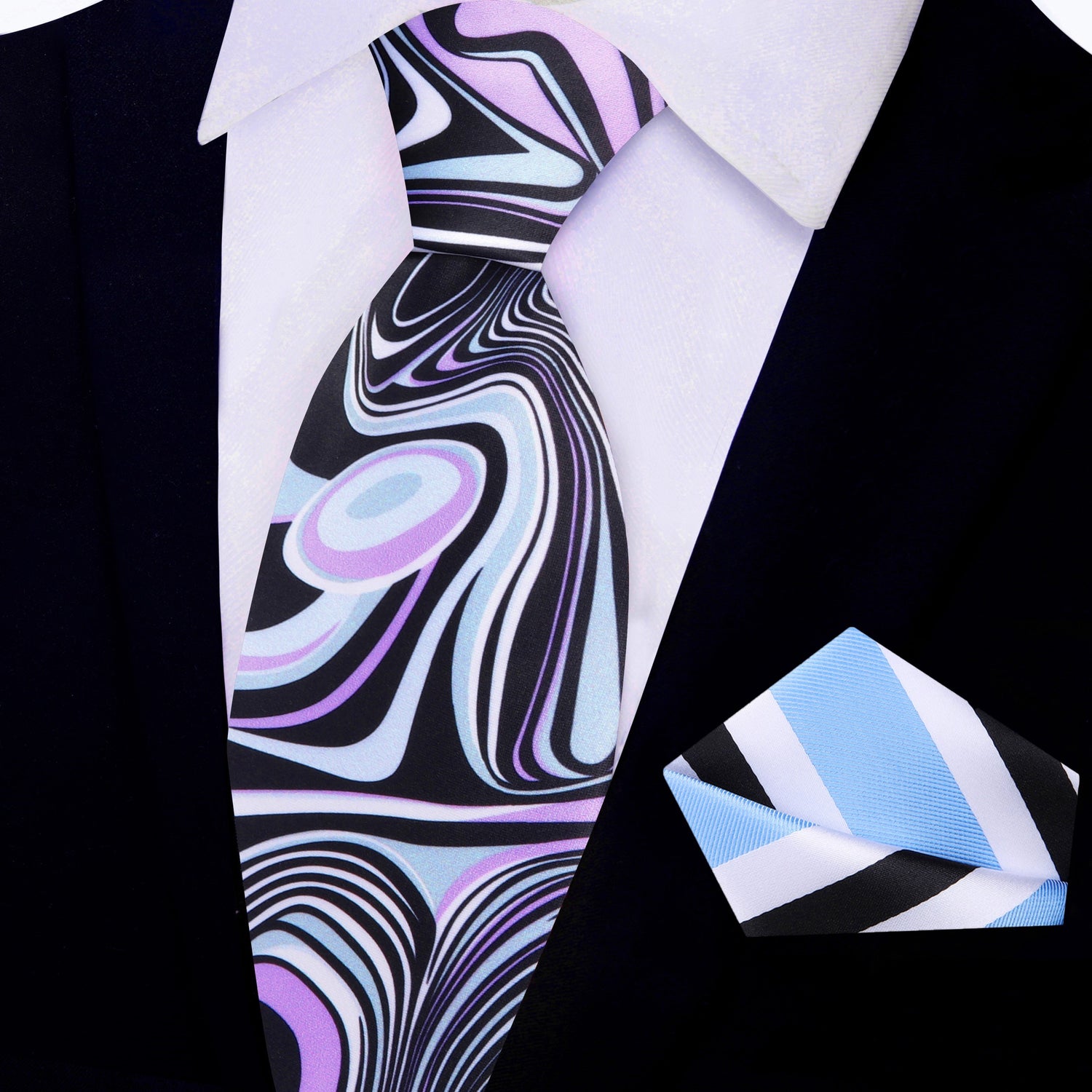 View 2: Pink, Light Blue, Black Abstract Tie and Blue, White, Black Stripe Square