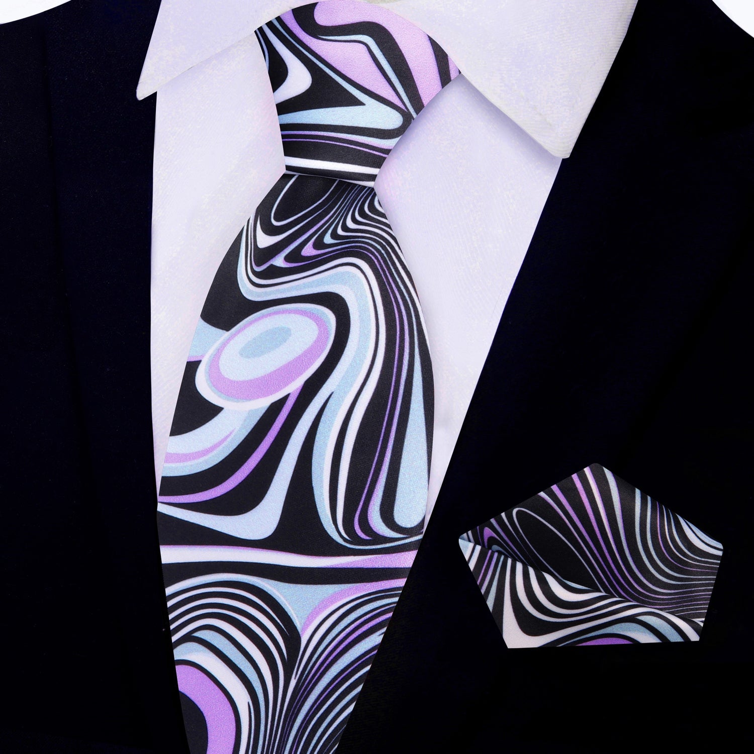 View 2: Pink, Light Blue, Black Abstract Tie and Square