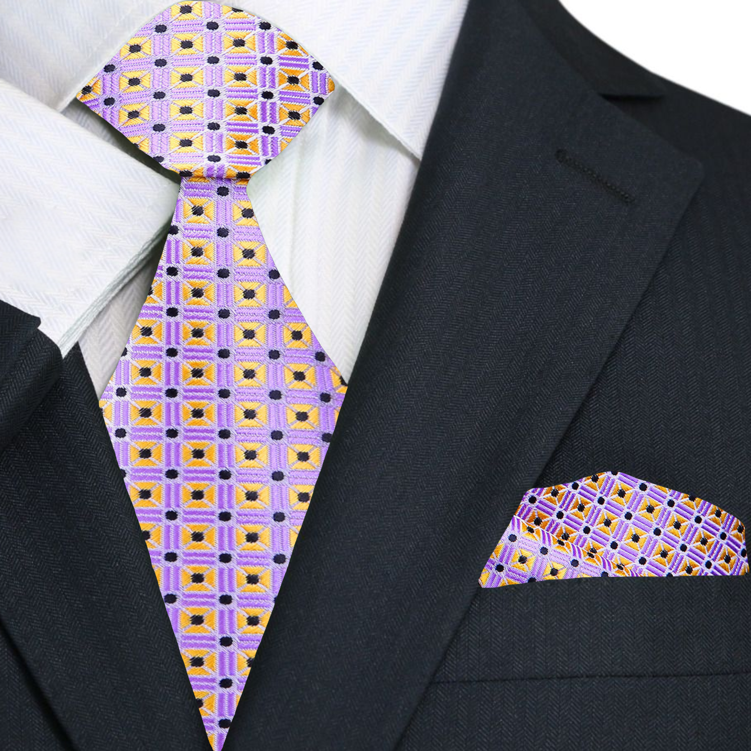 Main: A Lavender, Golden Yellow, Black Check Pattern Necktie, Matching Pocket Square